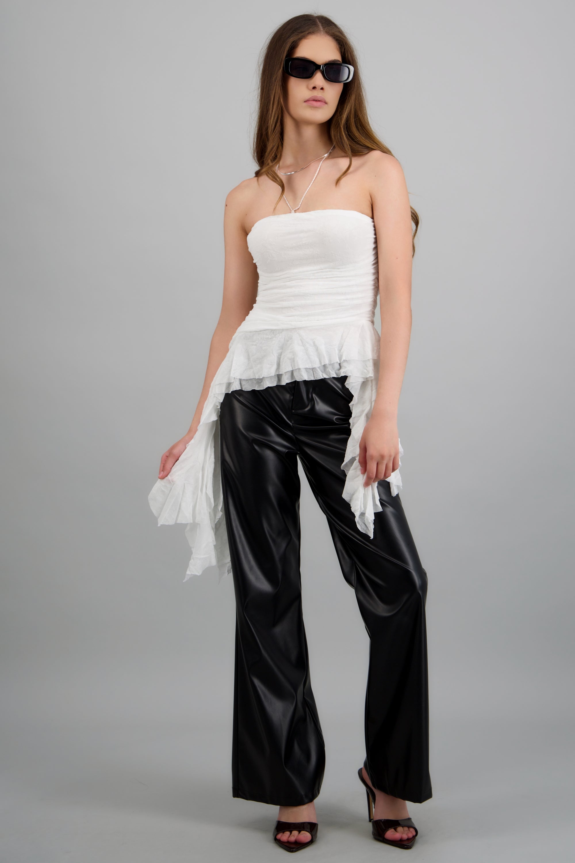 Top strapless drapeado mesh flock BLANCO