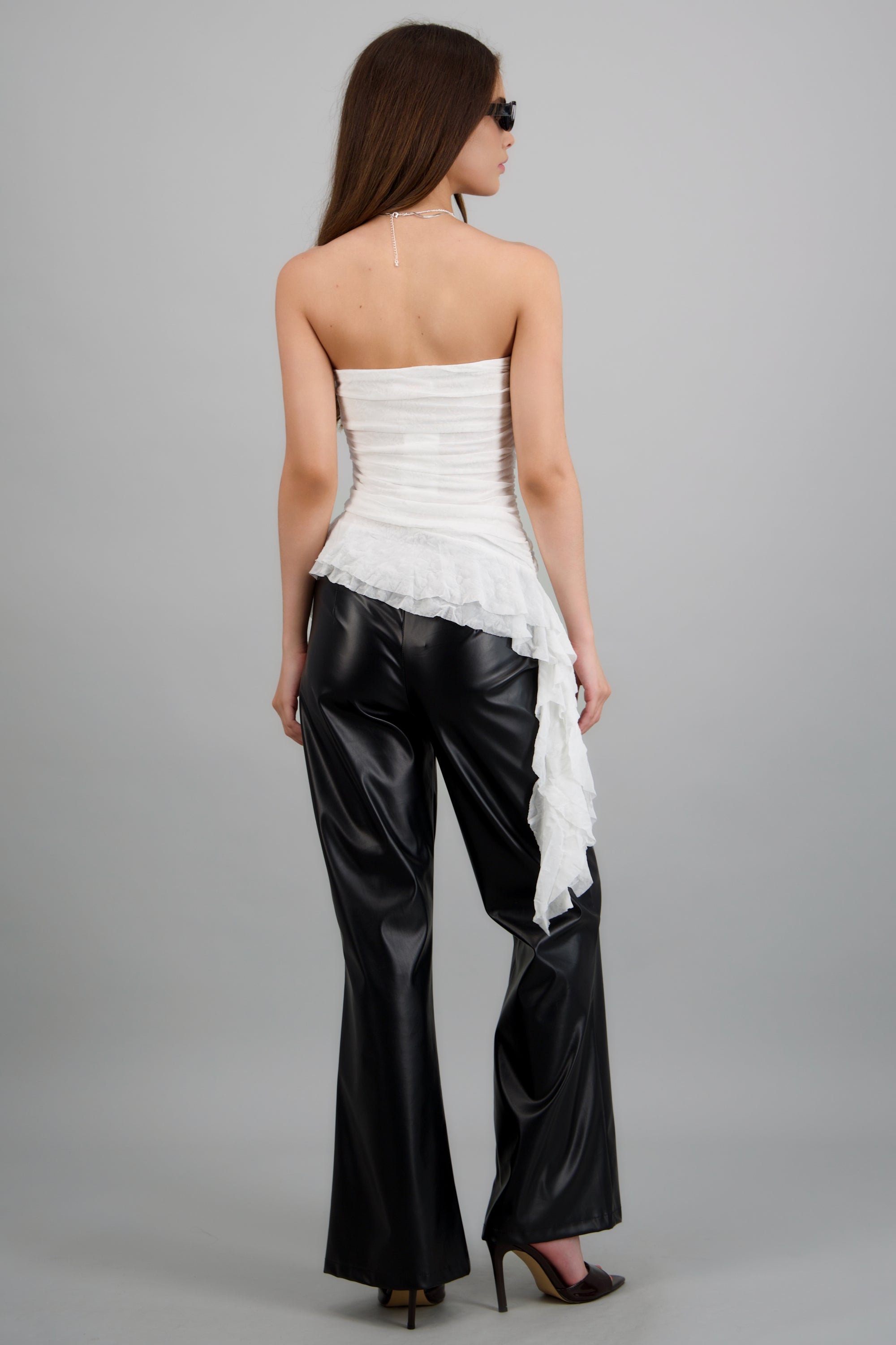 Top strapless drapeado mesh flock BLANCO