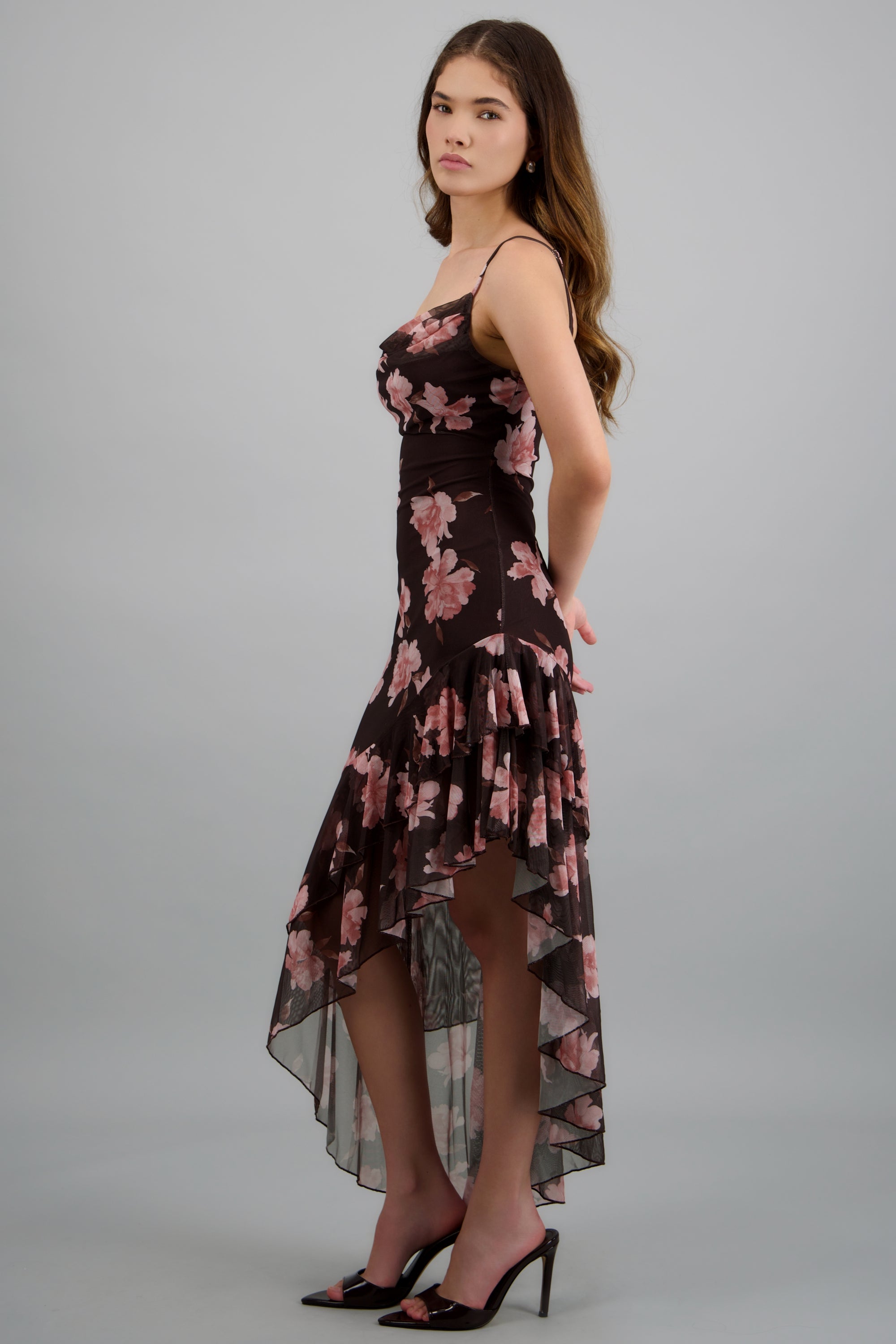 Vestido maxi asimétrico triantes estampado flores CAFE COMBO