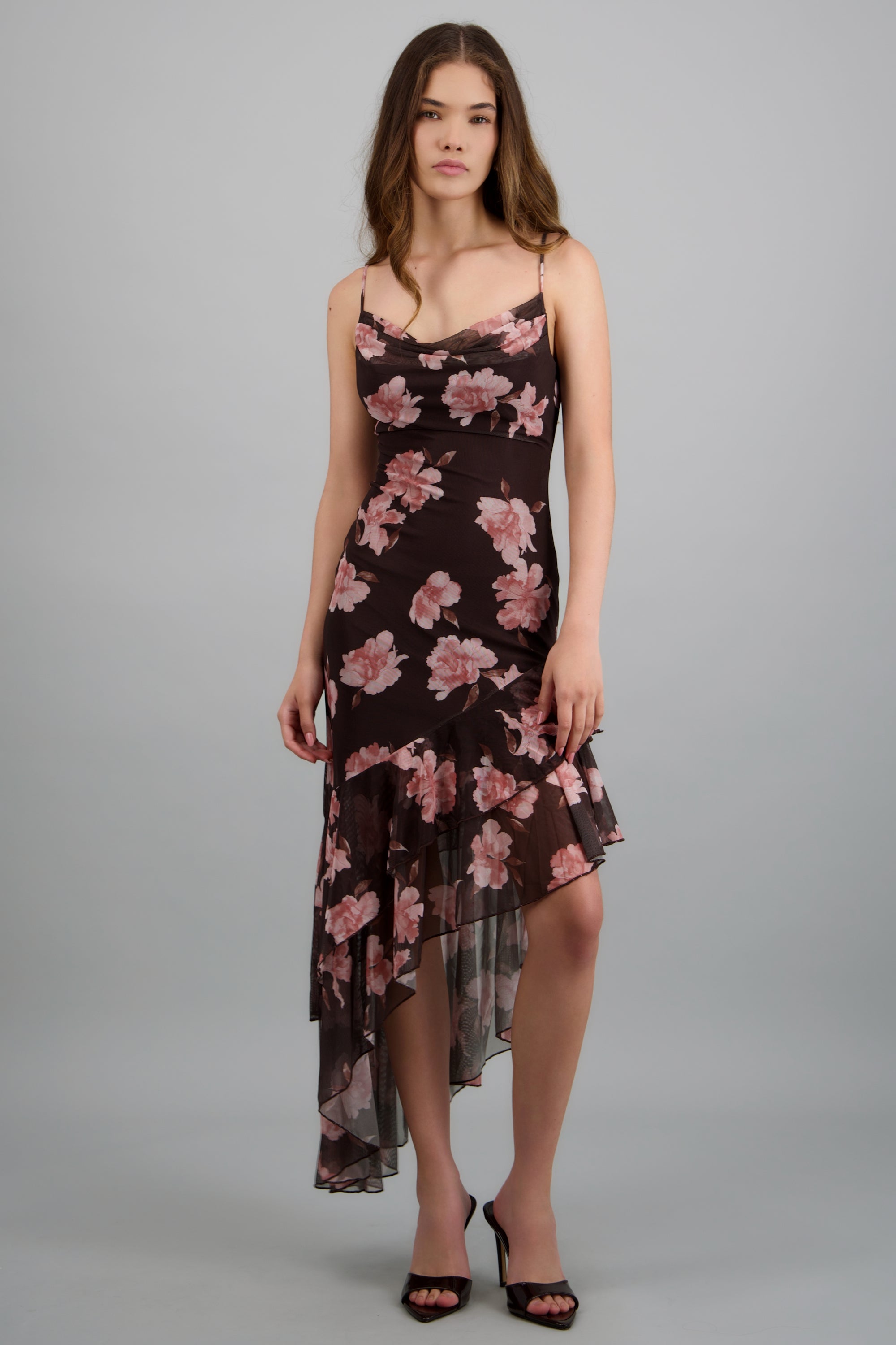 Vestido maxi asimétrico triantes estampado flores CAFE COMBO