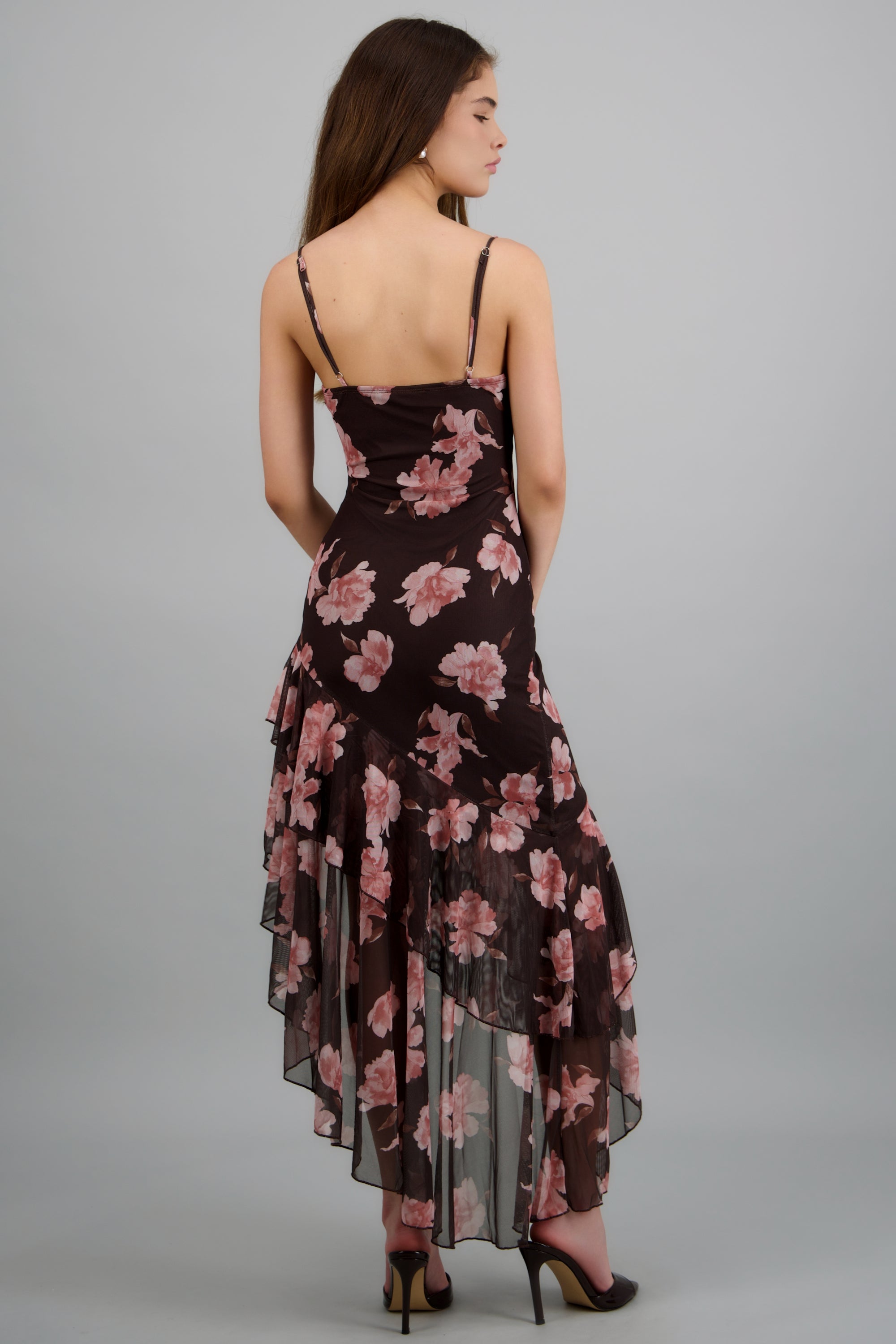 Vestido maxi asimétrico triantes estampado flores CAFE COMBO