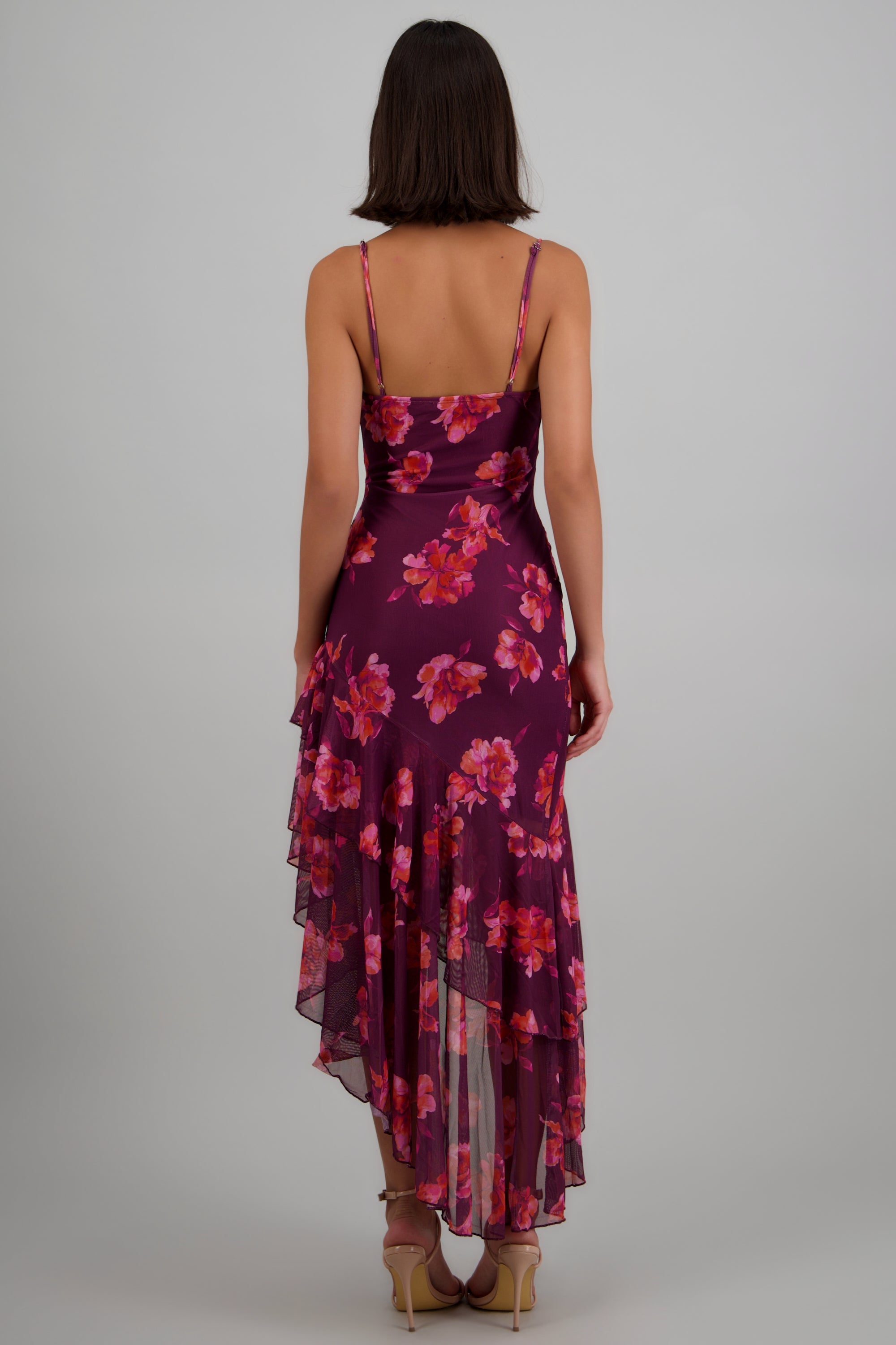 Vestido maxi asimétrico triantes estampado flores VINO COMBO