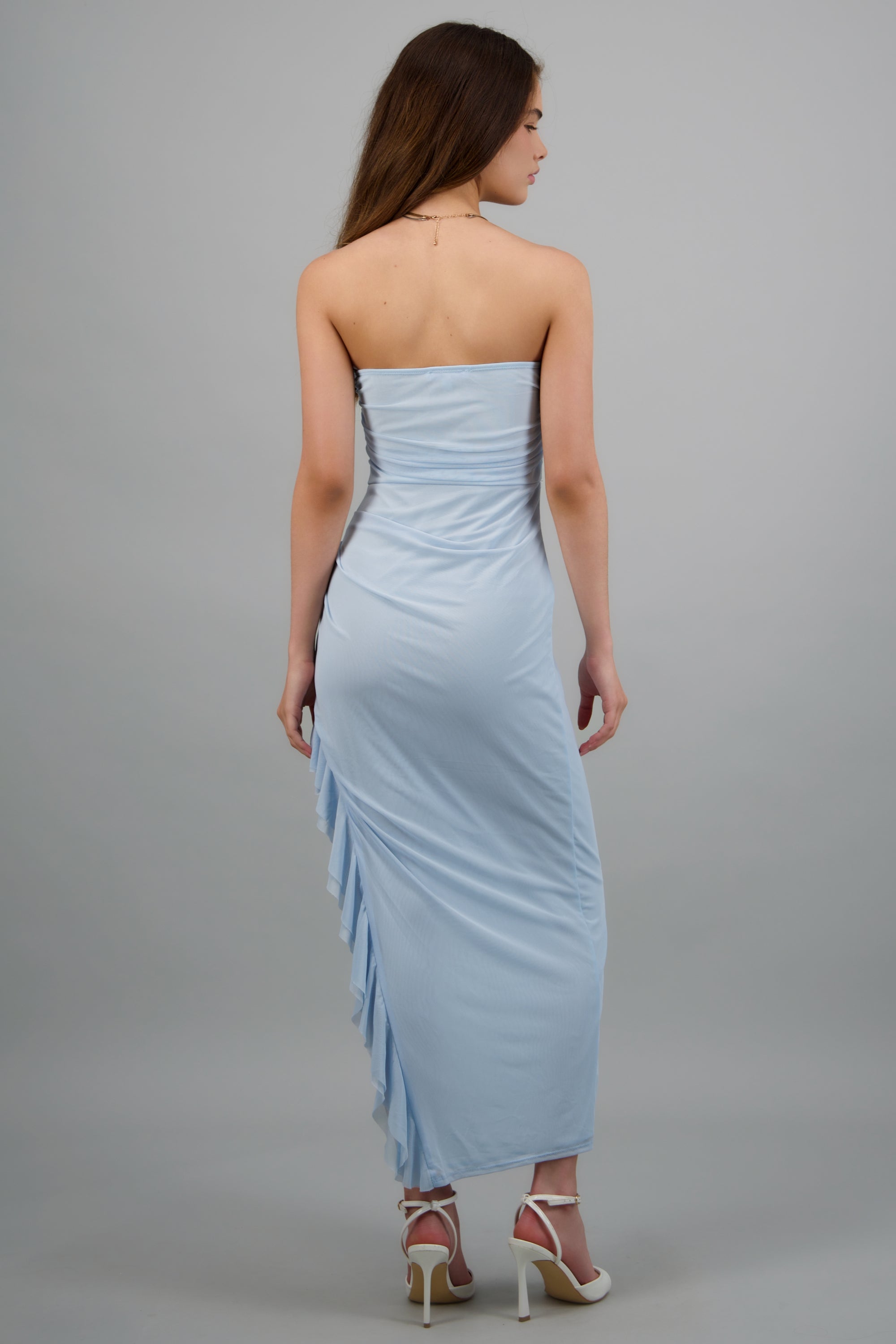 Vestido strapless asimétrico detalle frunce AZUL