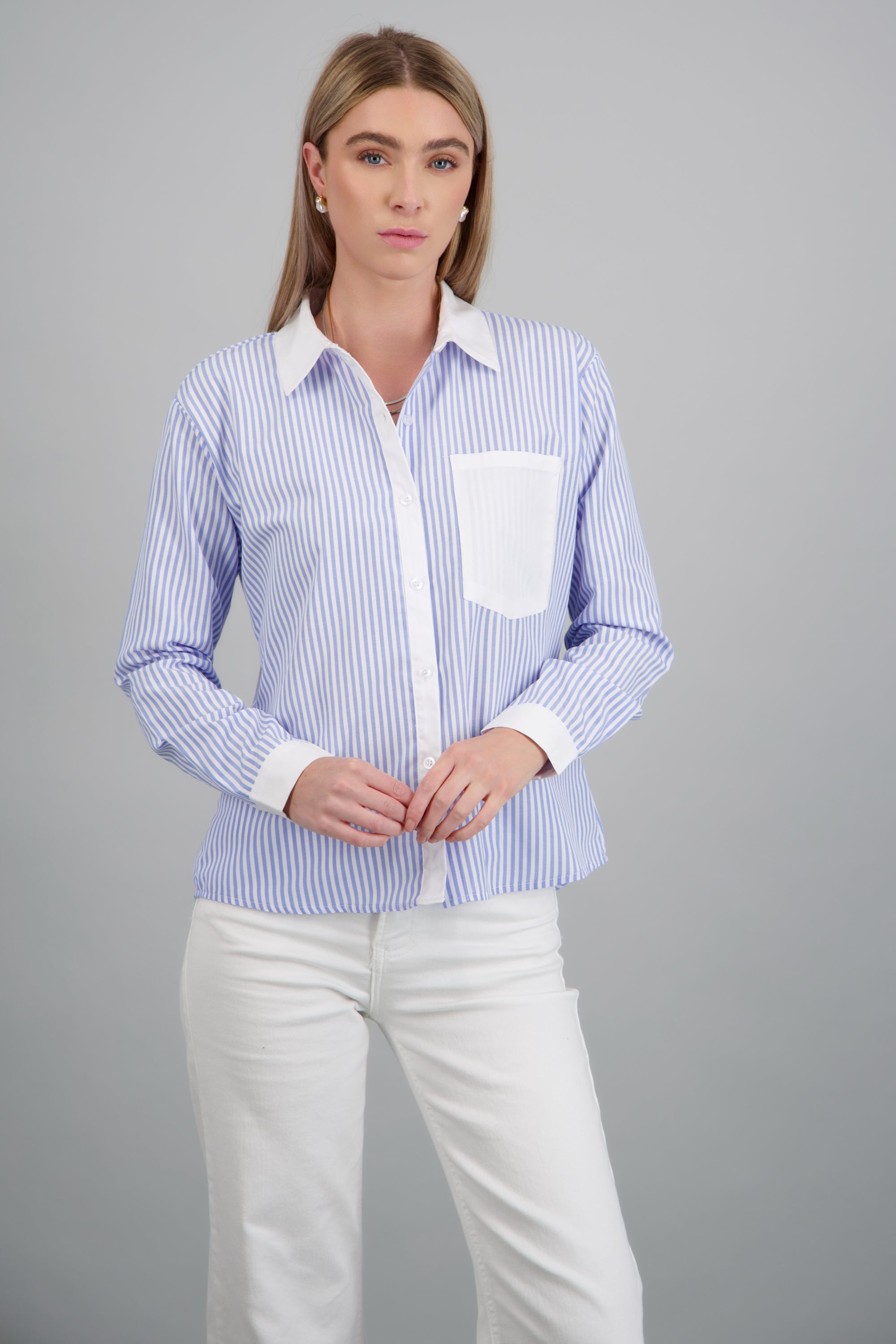 Camisa rayada detalle contraste BLANCO COMBO