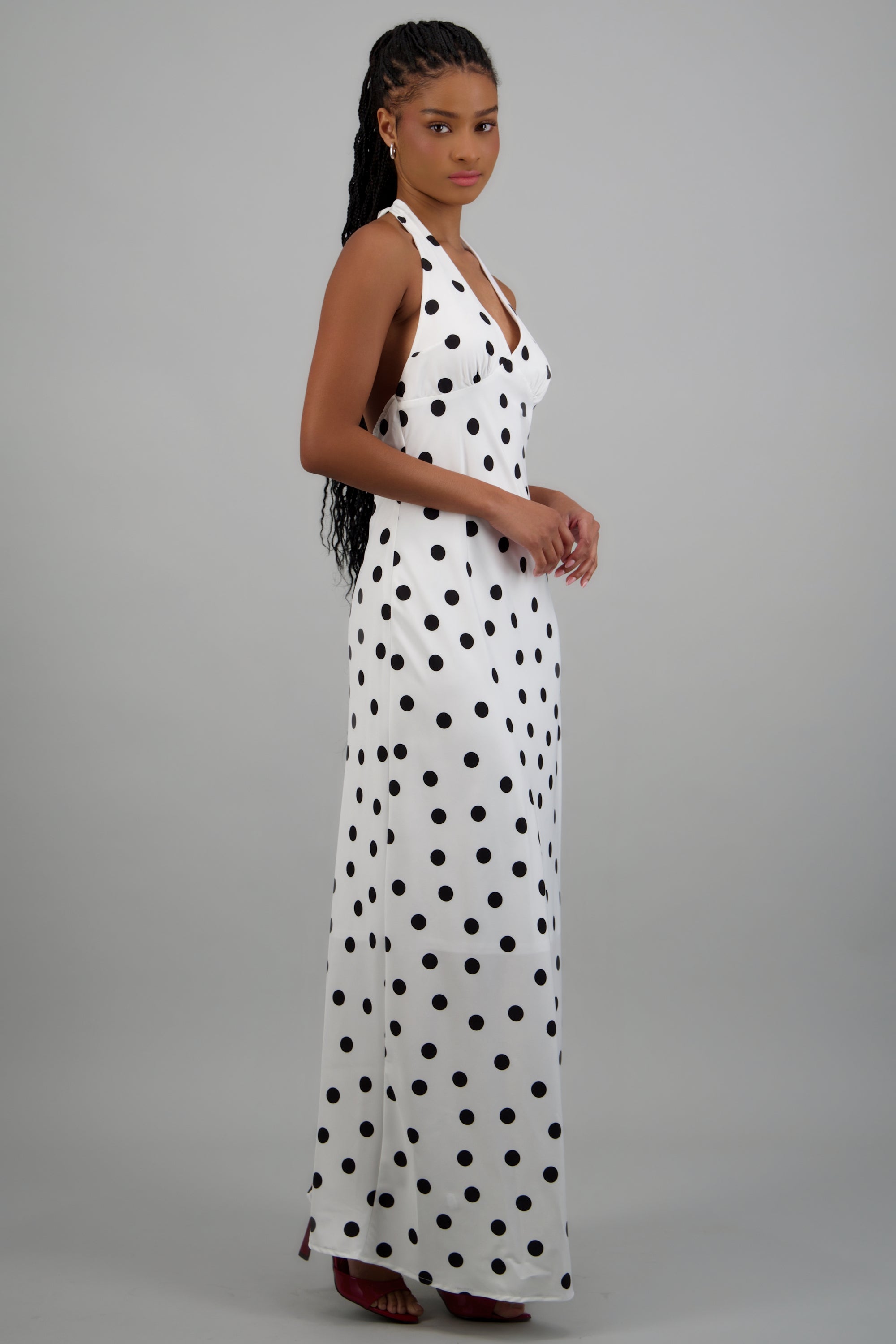 Vestido maxi escote halter polka dots BLANCO COMBO