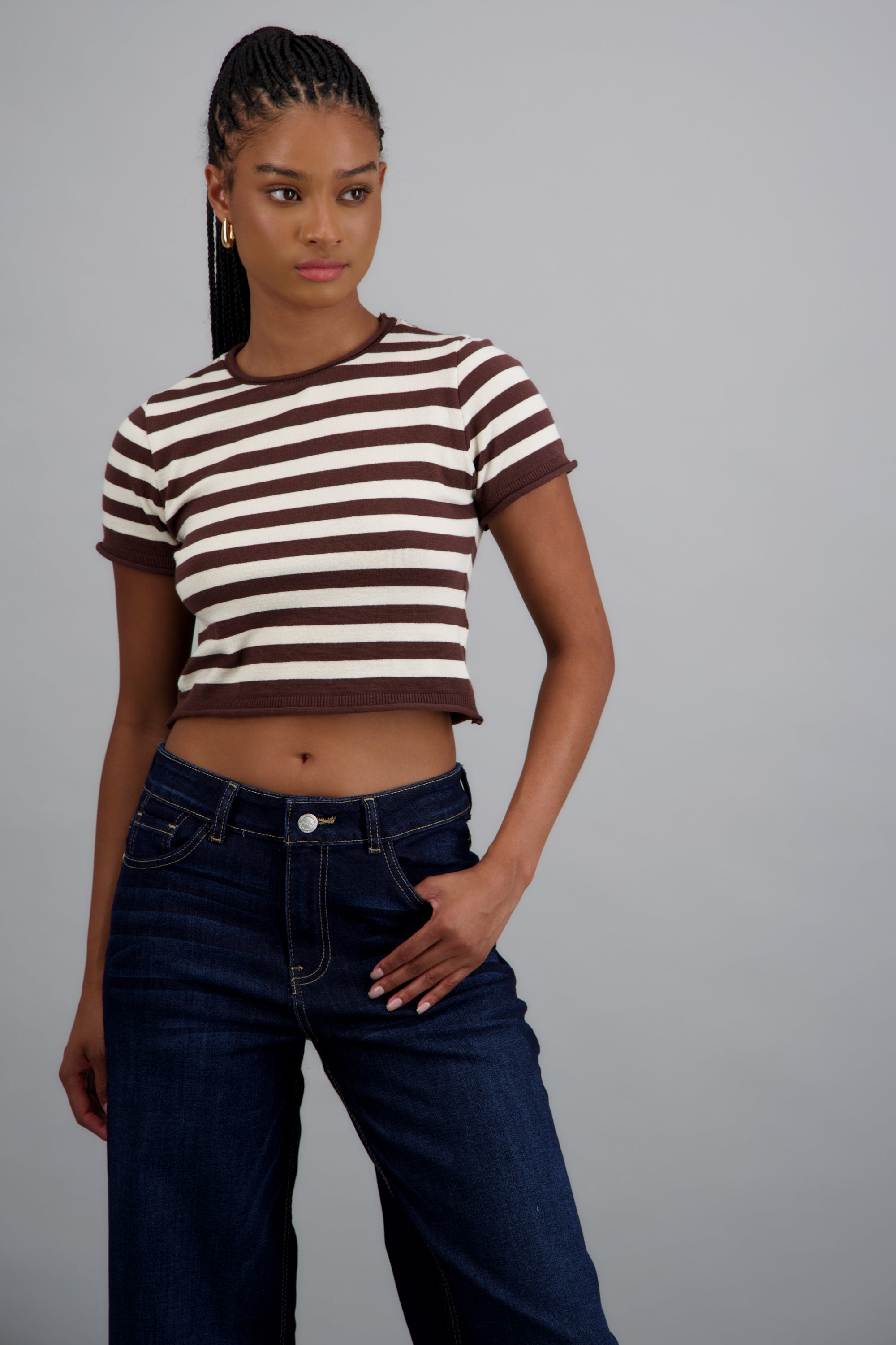 Top crop rayas detalle borde CAFE COMBO