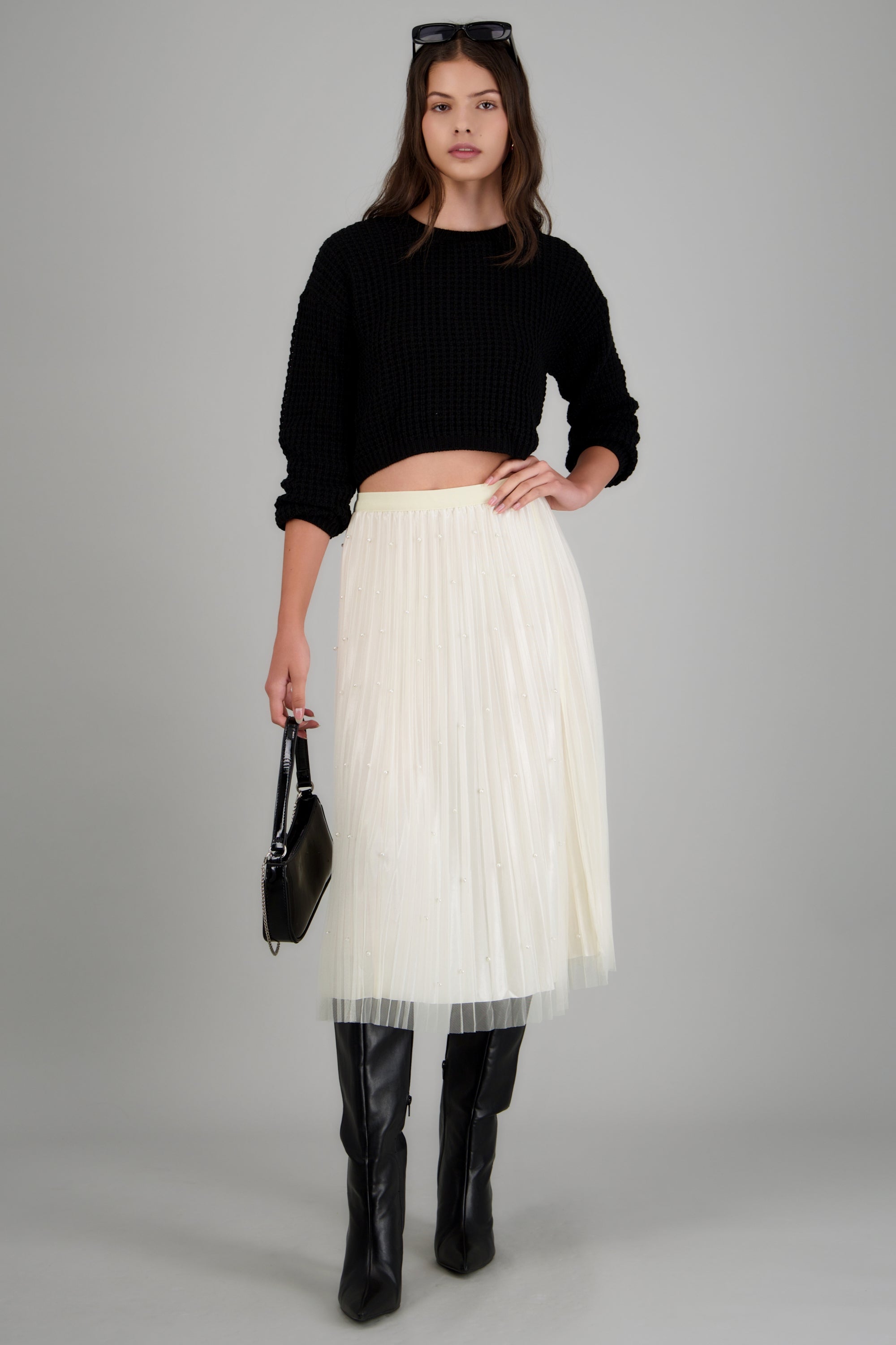 Falda midi con perlitas HUESO
