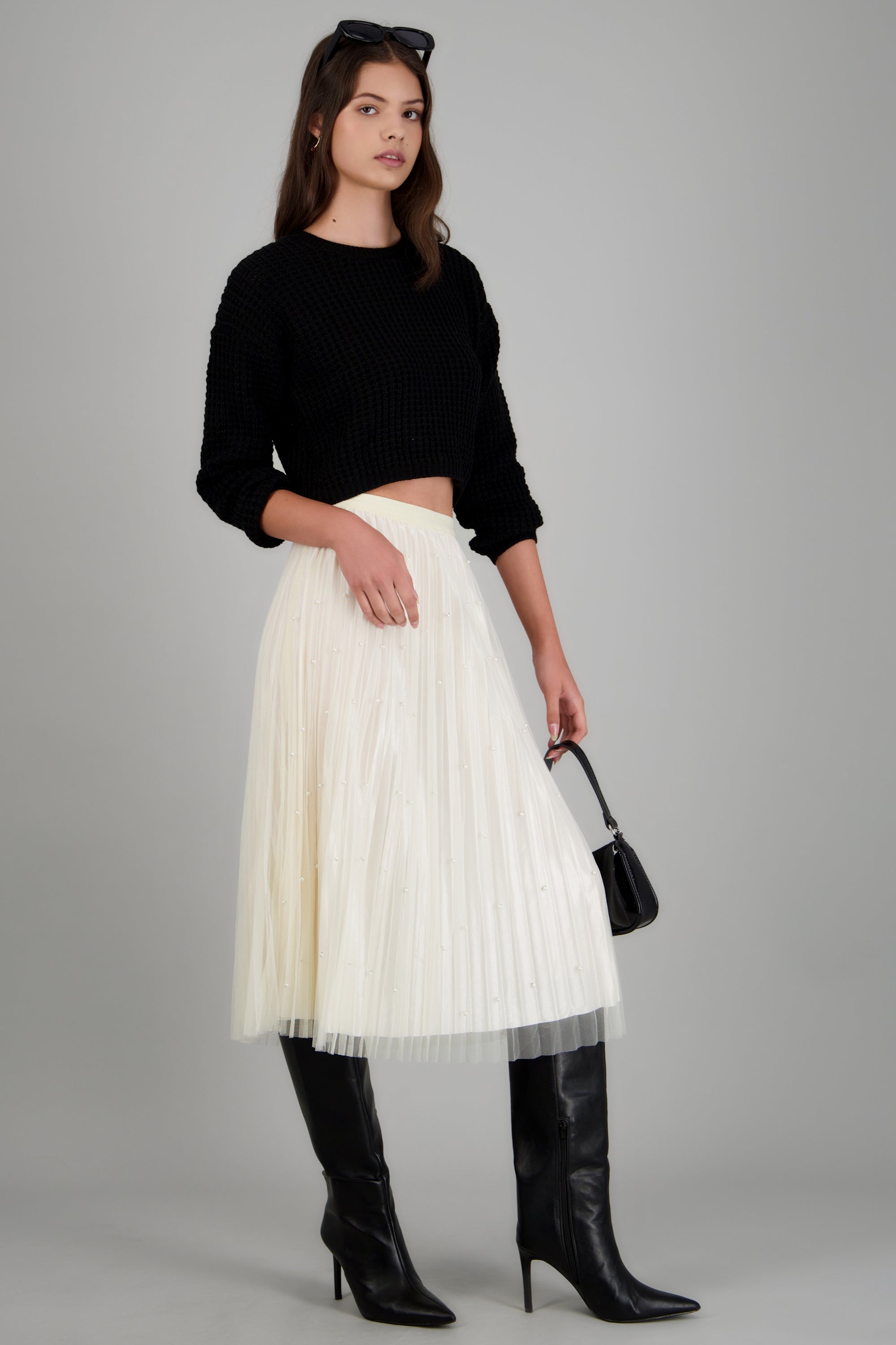 Falda midi con perlitas HUESO