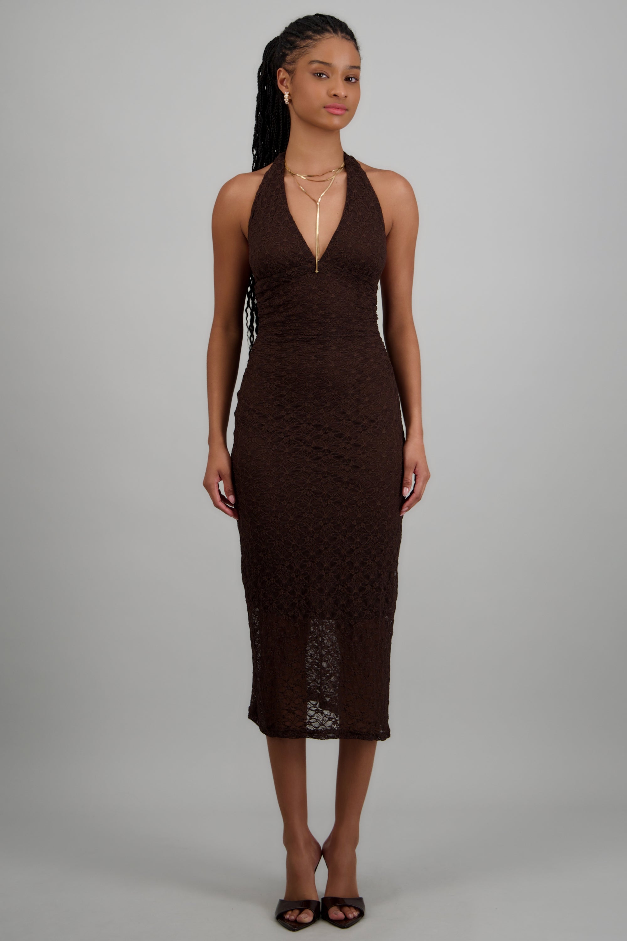 Vestido midi halter detalle encaje CHOCOLATE