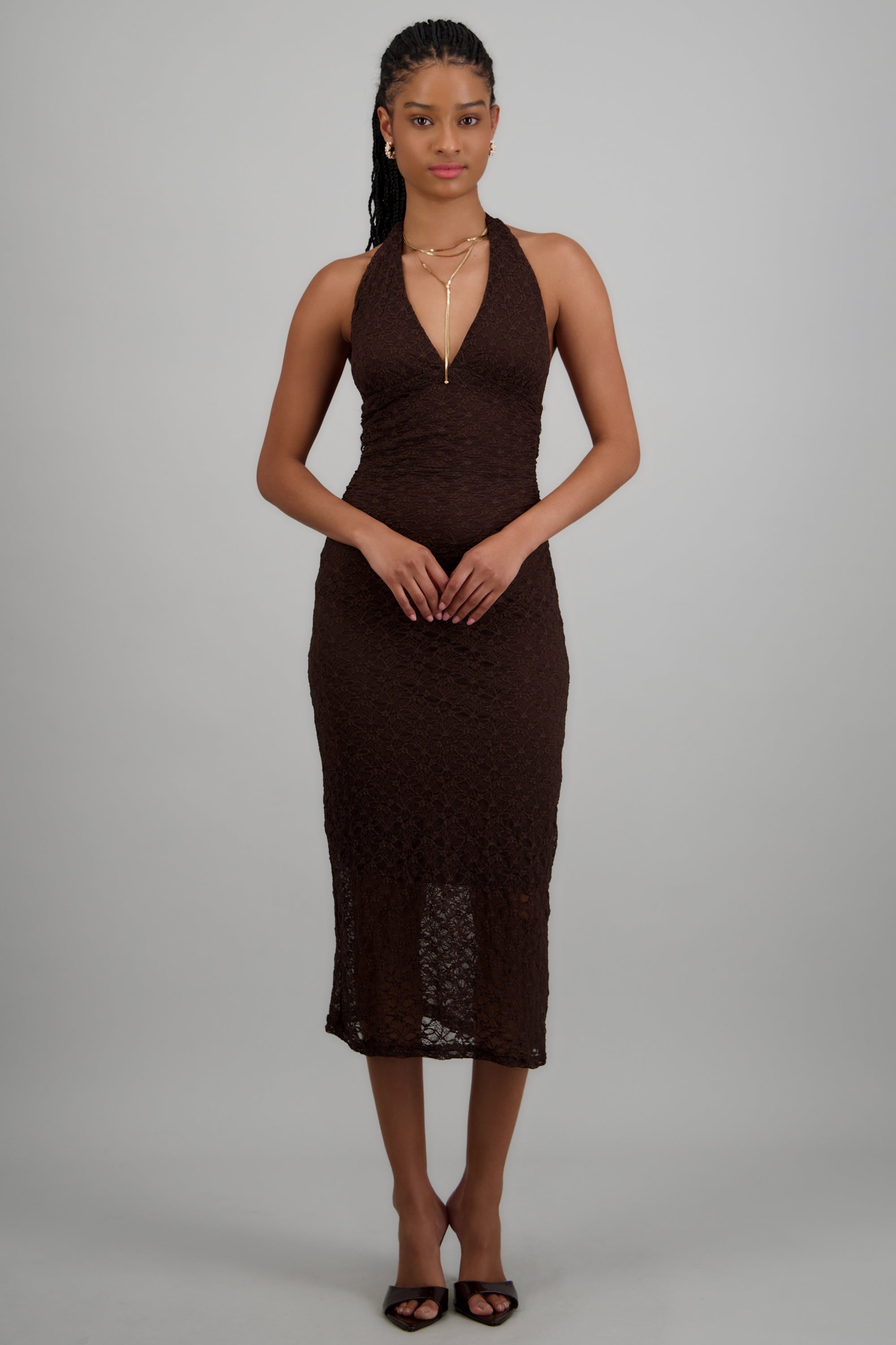 Vestido midi halter detalle encaje CHOCOLATE