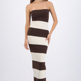 Vestido maxi strapless bicolor