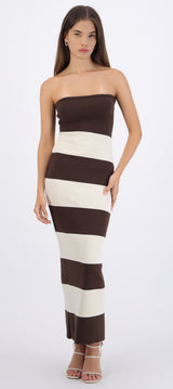 Vestido maxi strapless bicolor