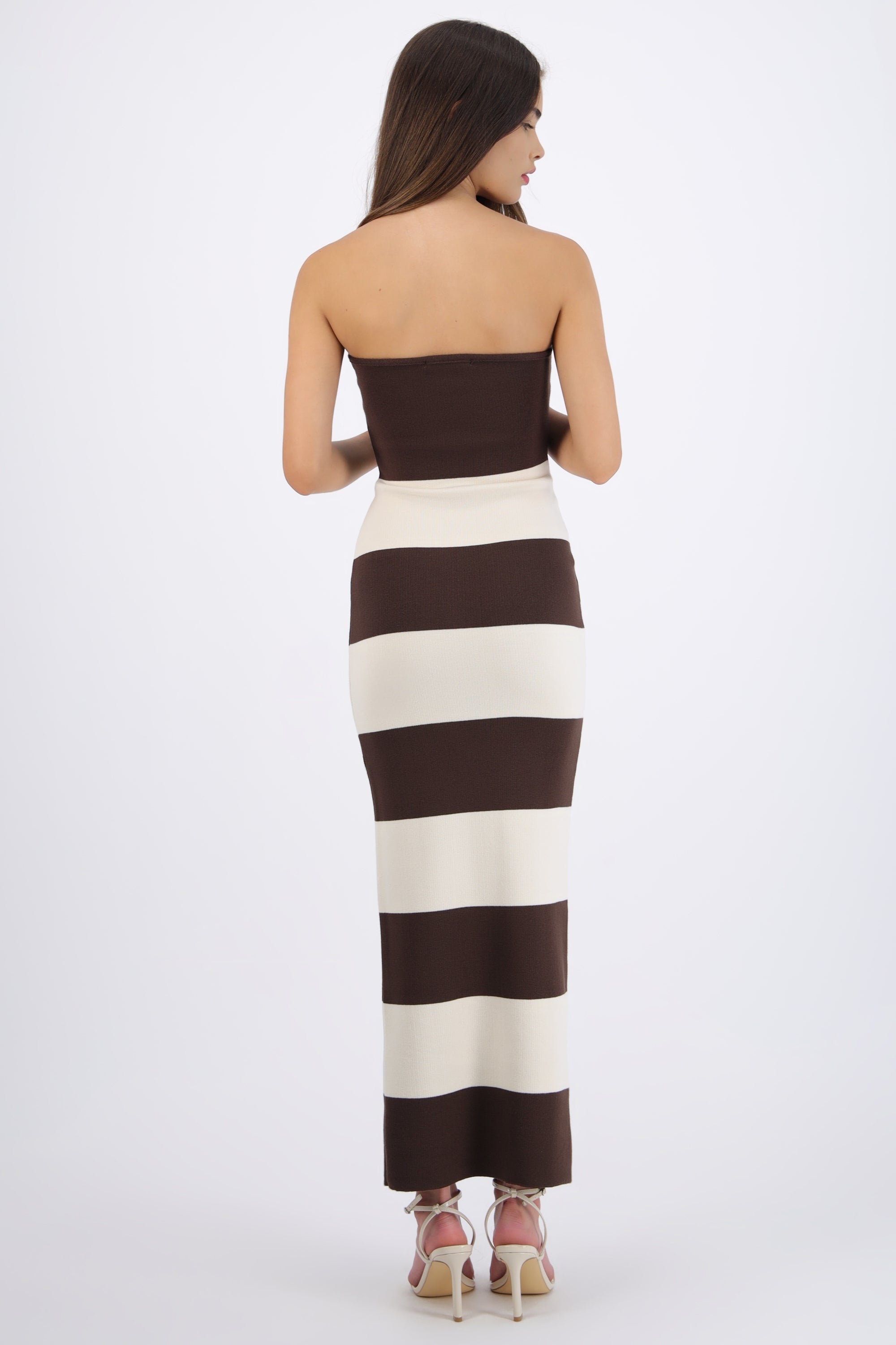 Vestido maxi strapless bicolor