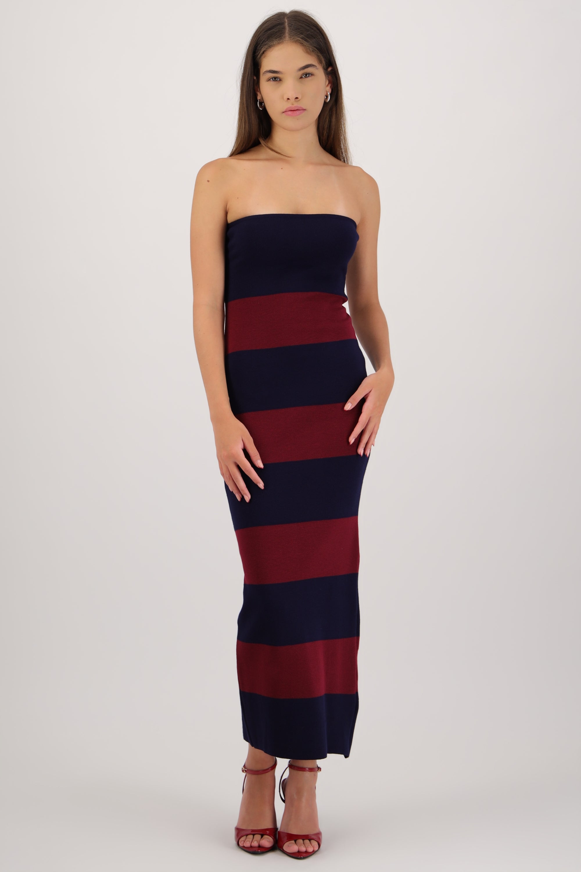 Vestido maxi strapless bicolor VINO COMBO