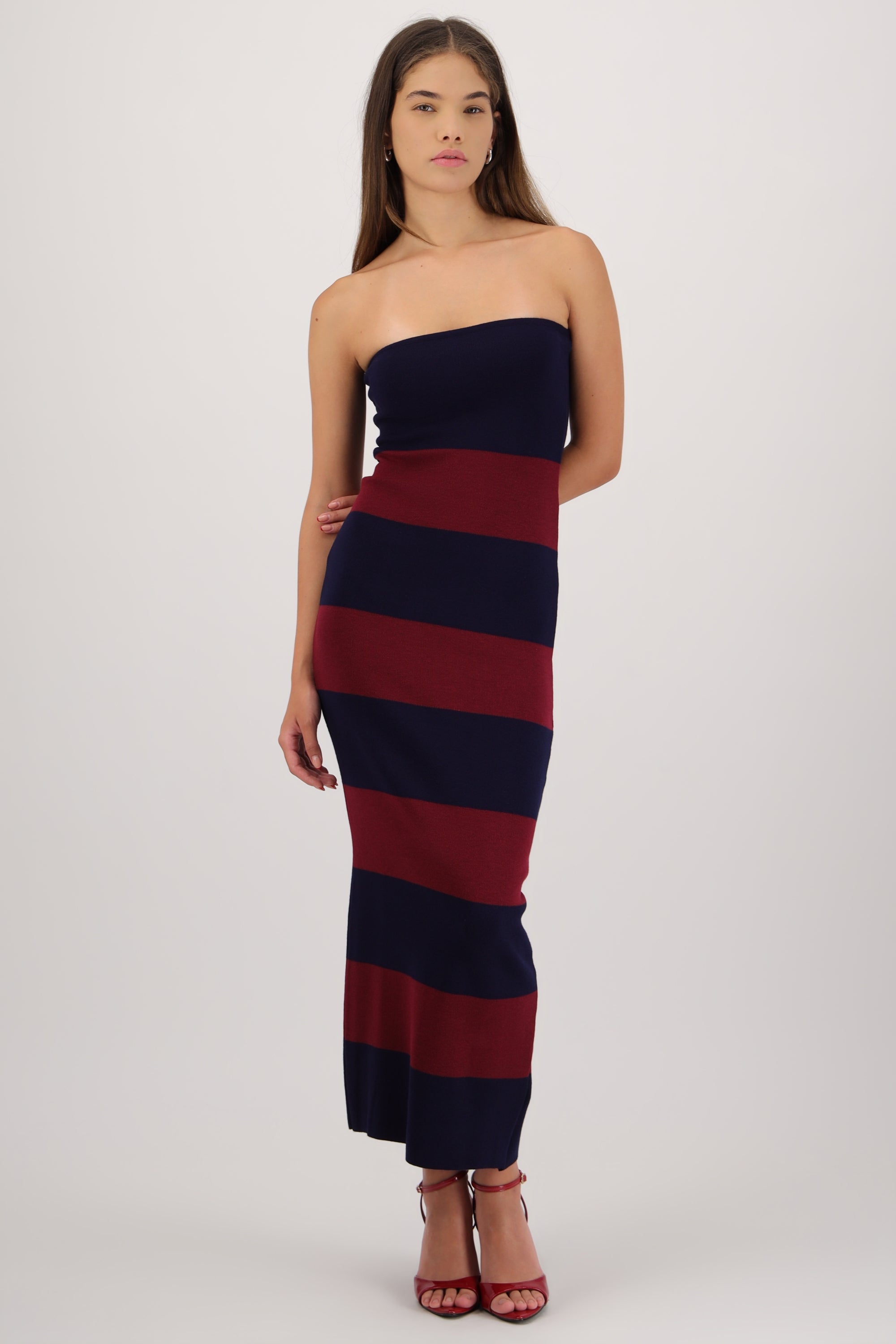Vestido maxi strapless bicolor VINO COMBO