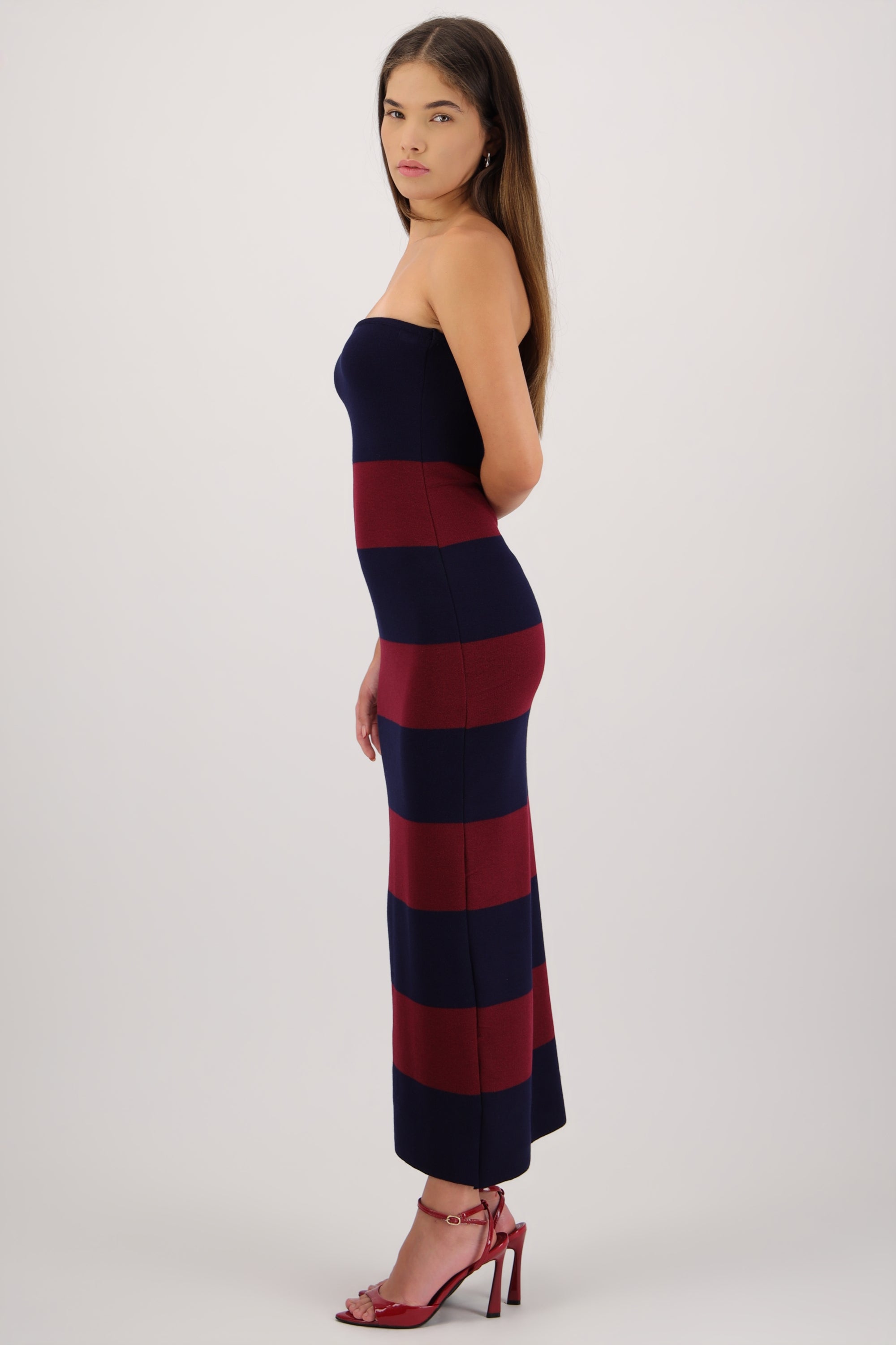 Vestido maxi strapless bicolor VINO COMBO