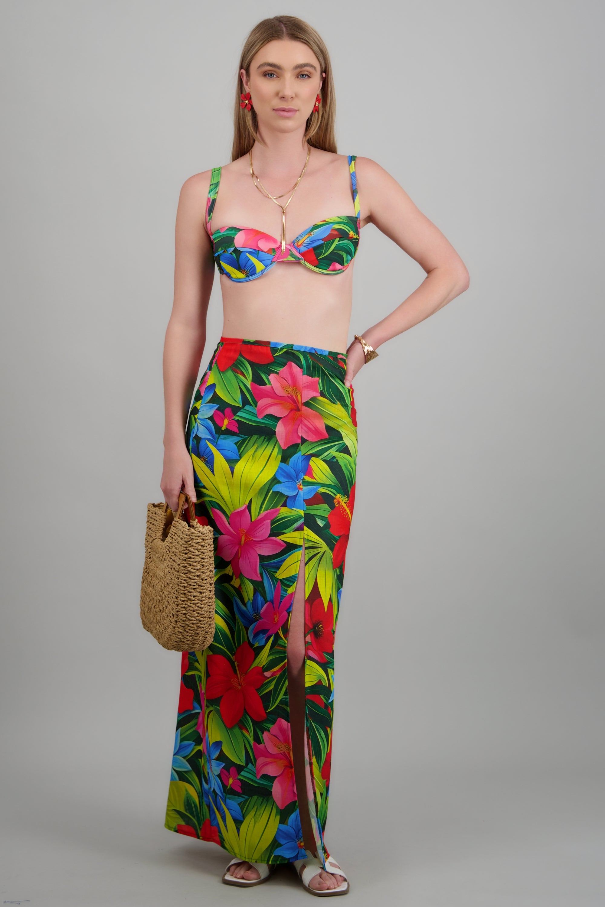 Salida maxi estampado tropical abertura MULTICOLOR