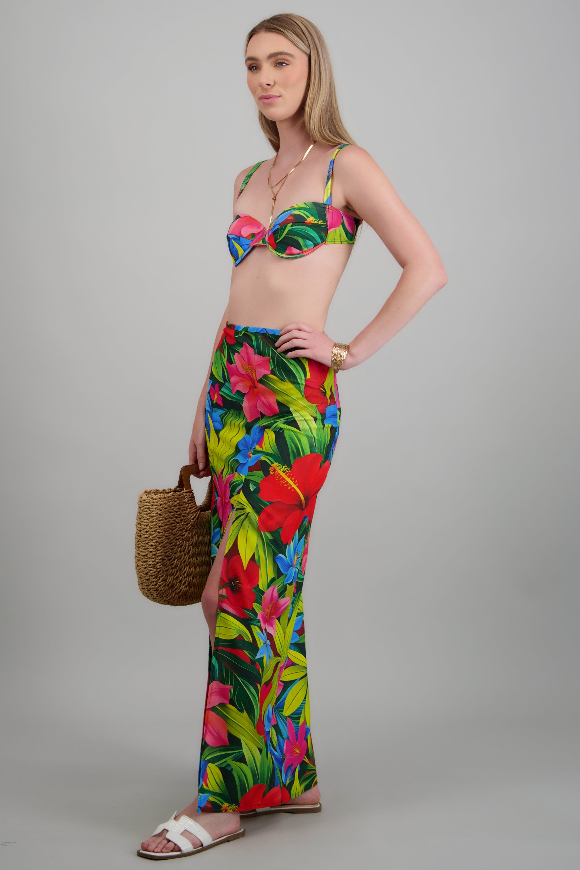 Salida maxi estampado tropical abertura MULTICOLOR