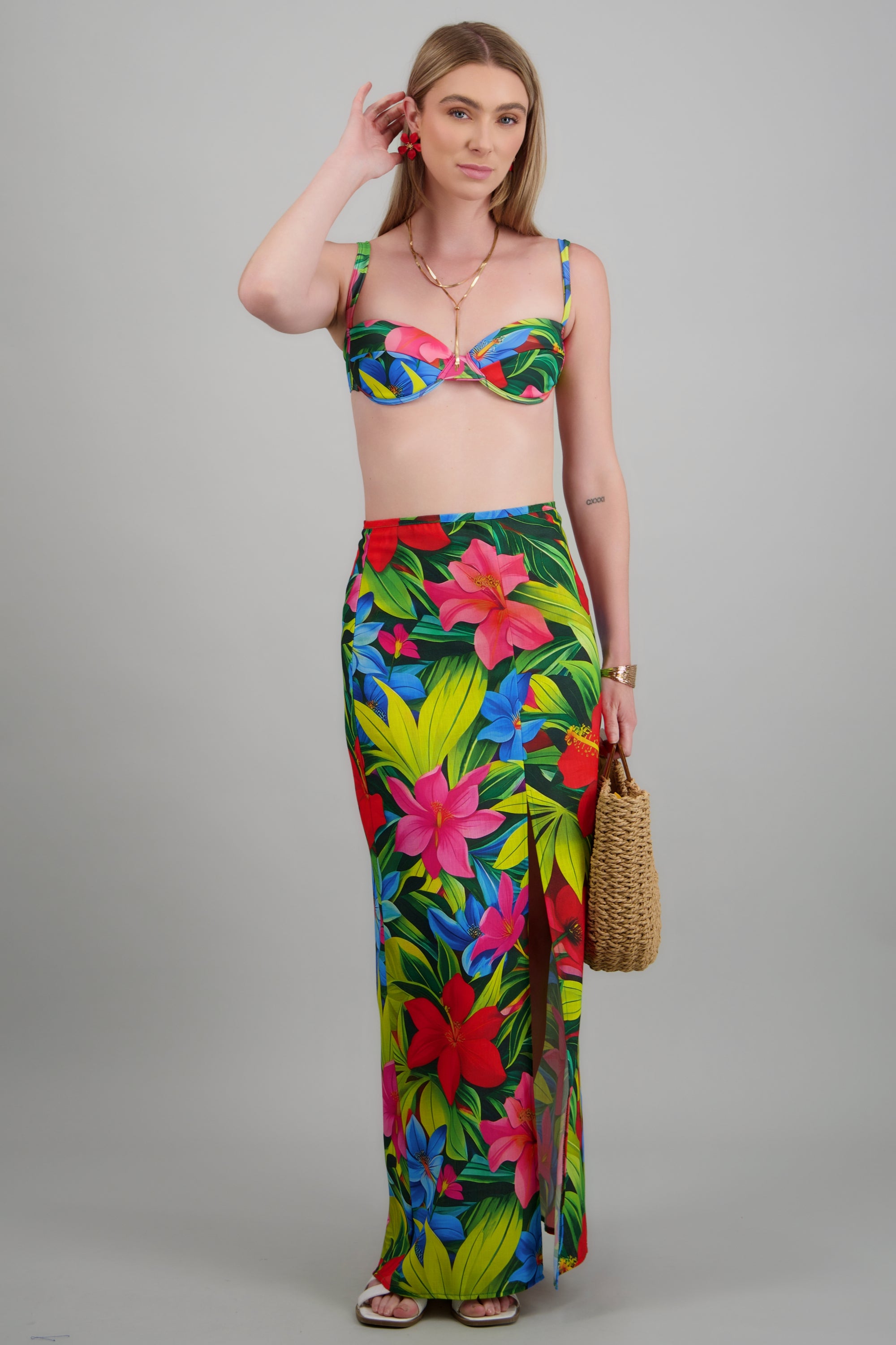Salida maxi estampado tropical abertura MULTICOLOR