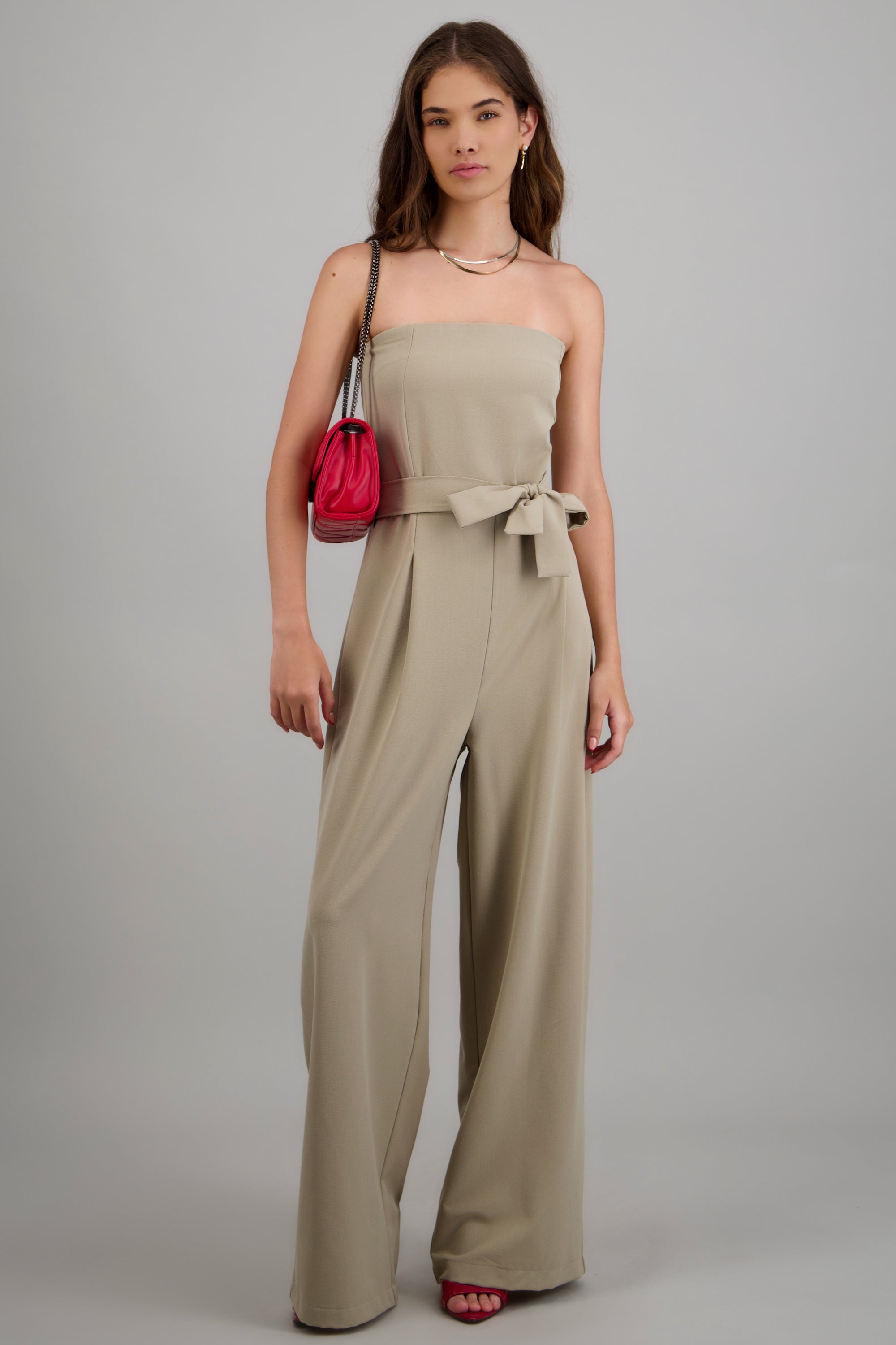 Jumpsuit strapless detalle cinturon BEIGE
