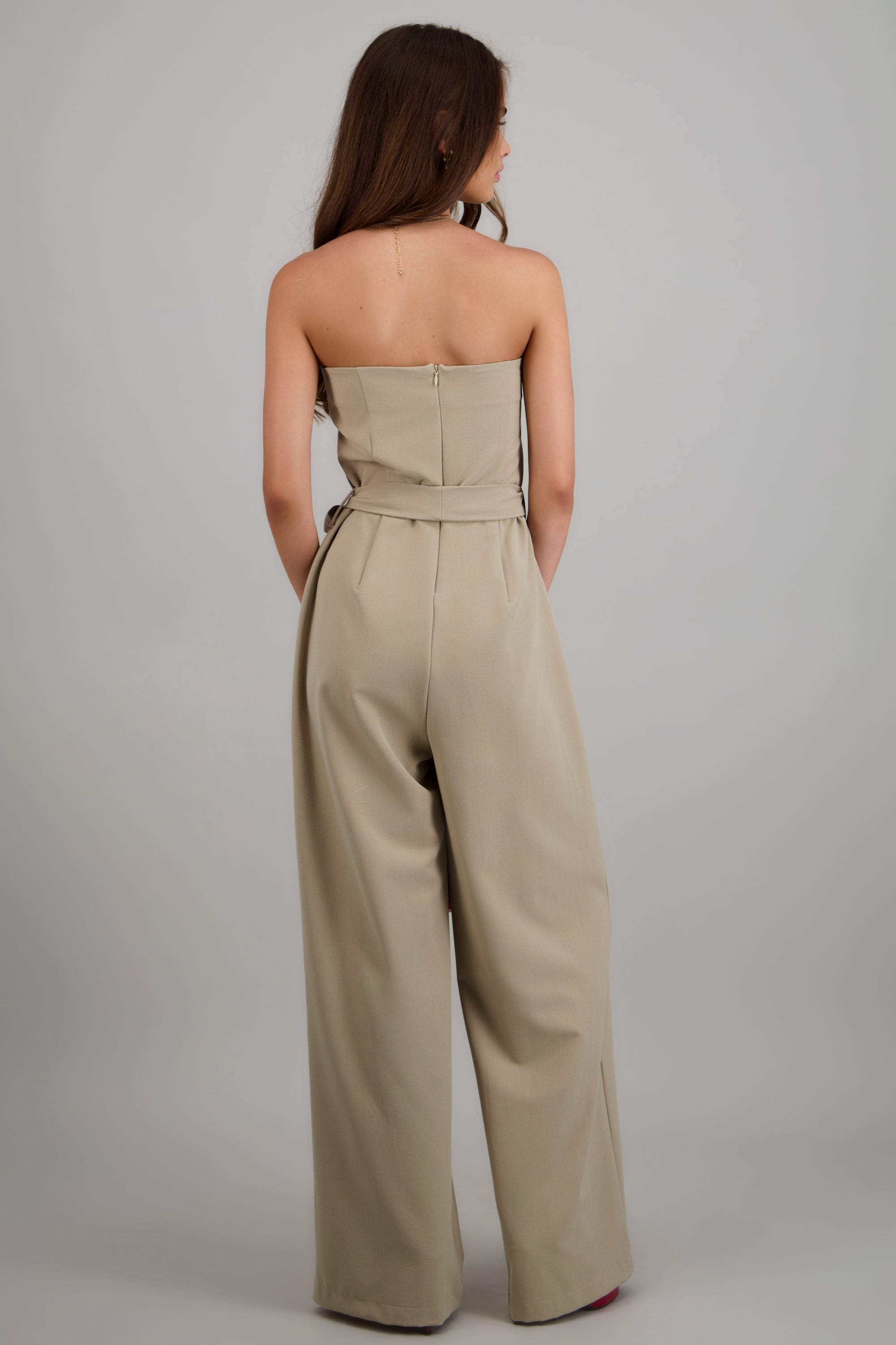 Jumpsuit strapless detalle cinturon BEIGE
