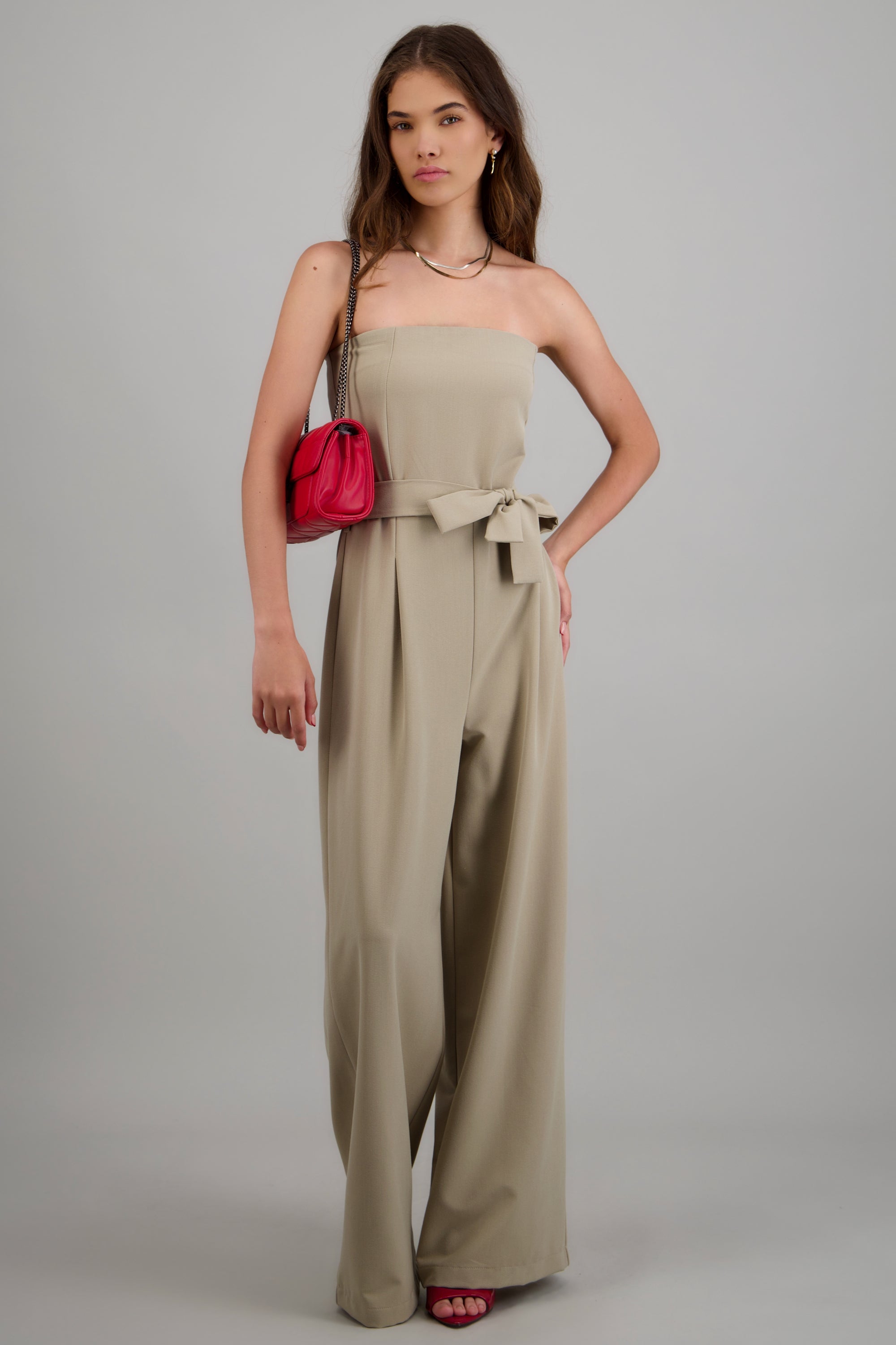 Jumpsuit strapless detalle cinturon BEIGE
