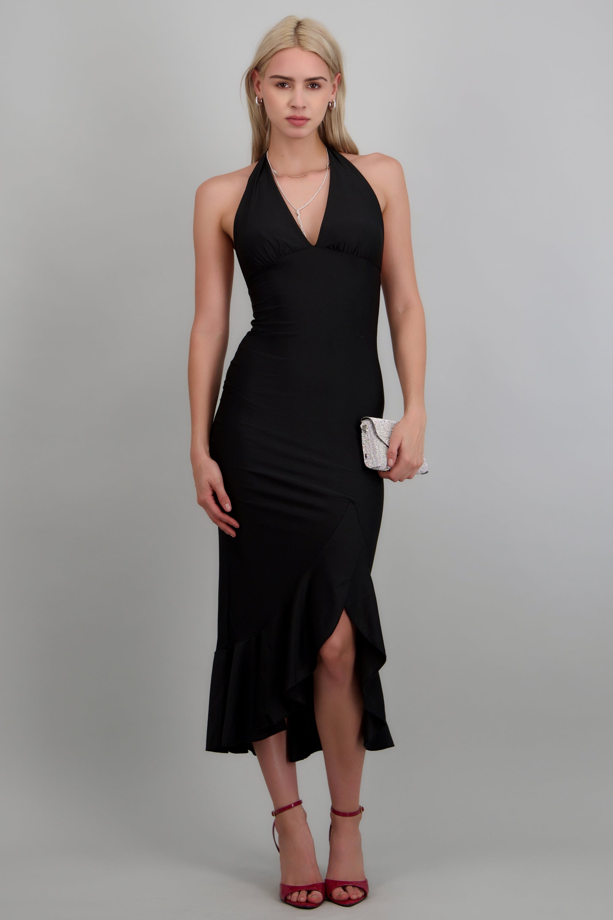 Vestido halter satinado liso NEGRO
