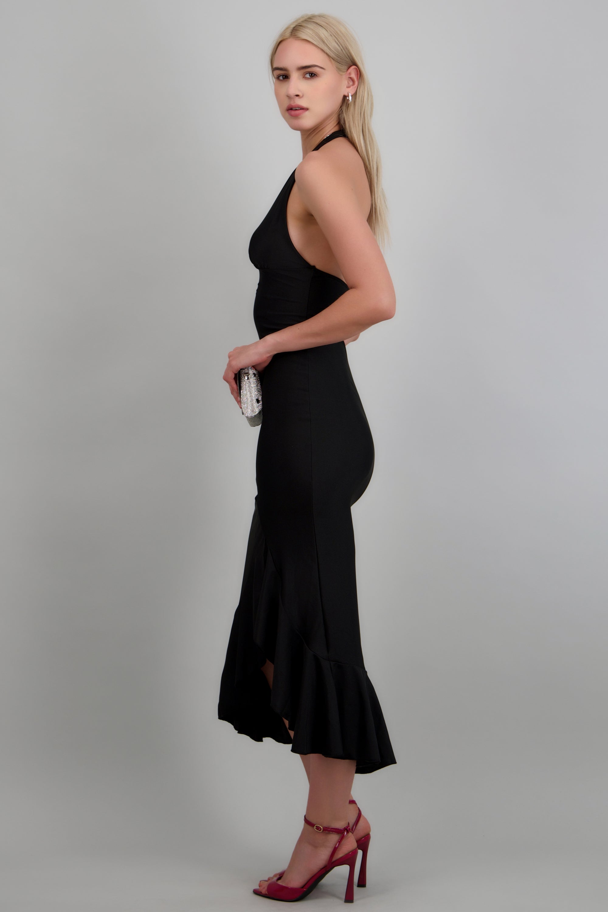 Vestido halter satinado liso NEGRO