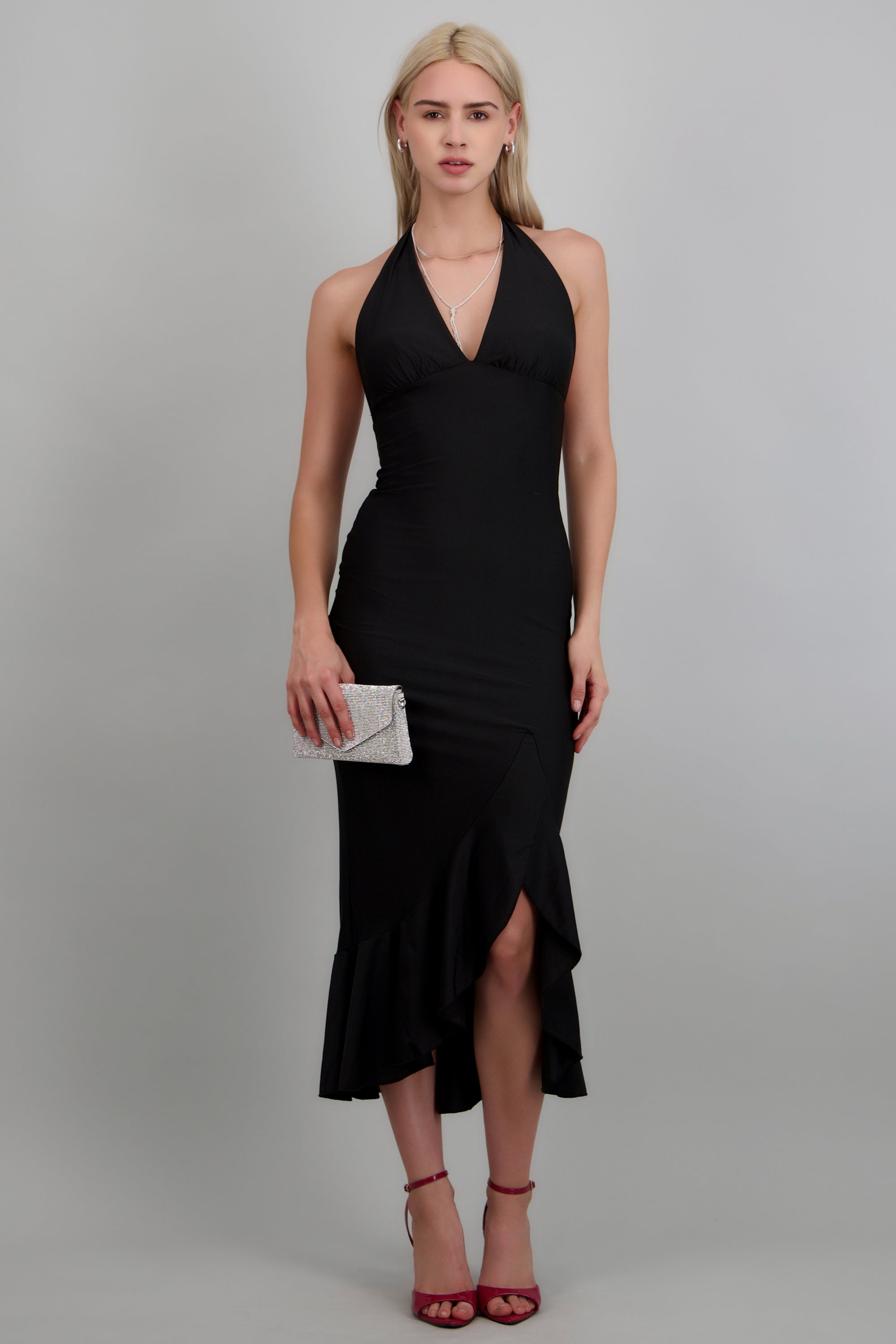 Vestido halter satinado liso NEGRO