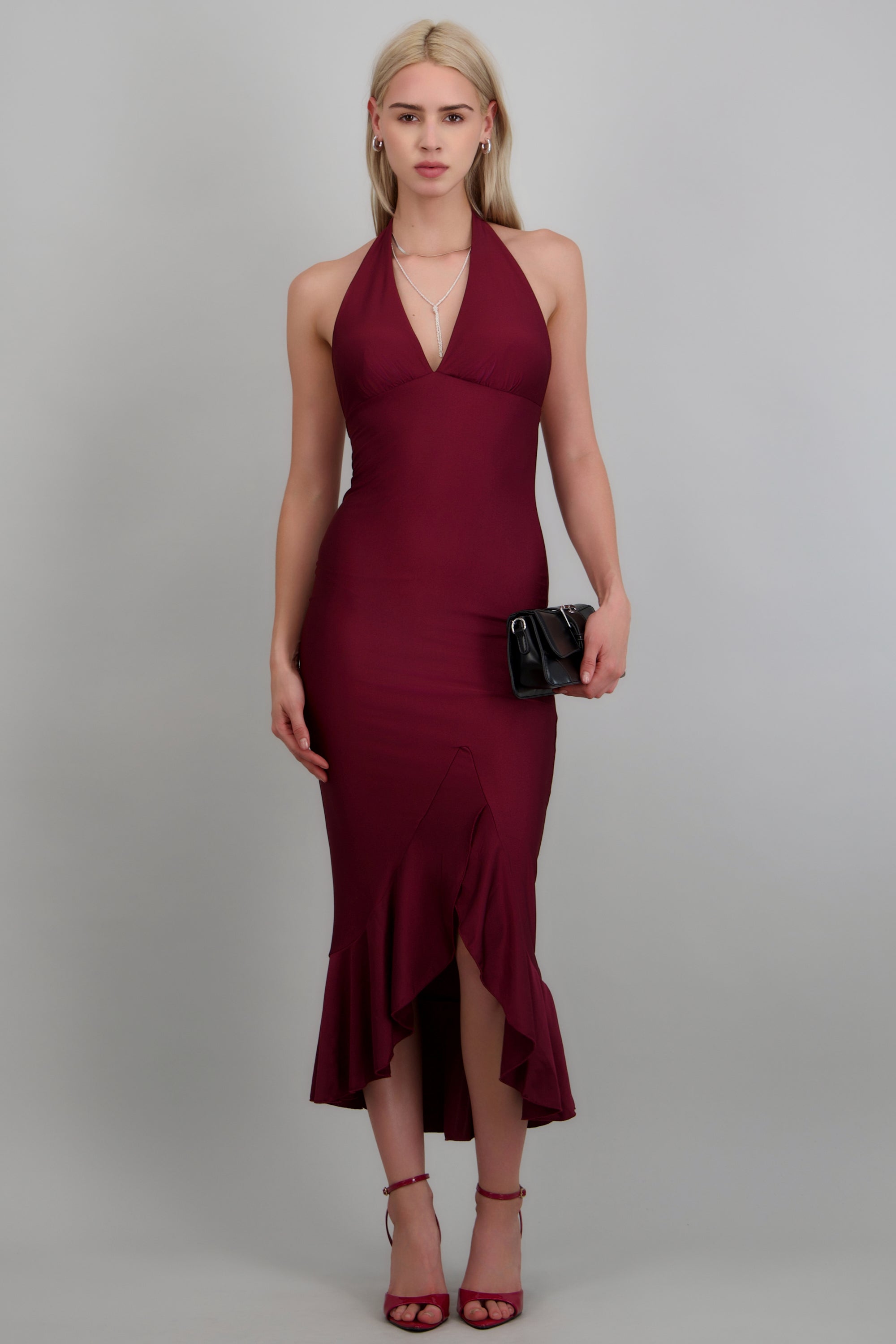 Vestido halter satinado liso VINO