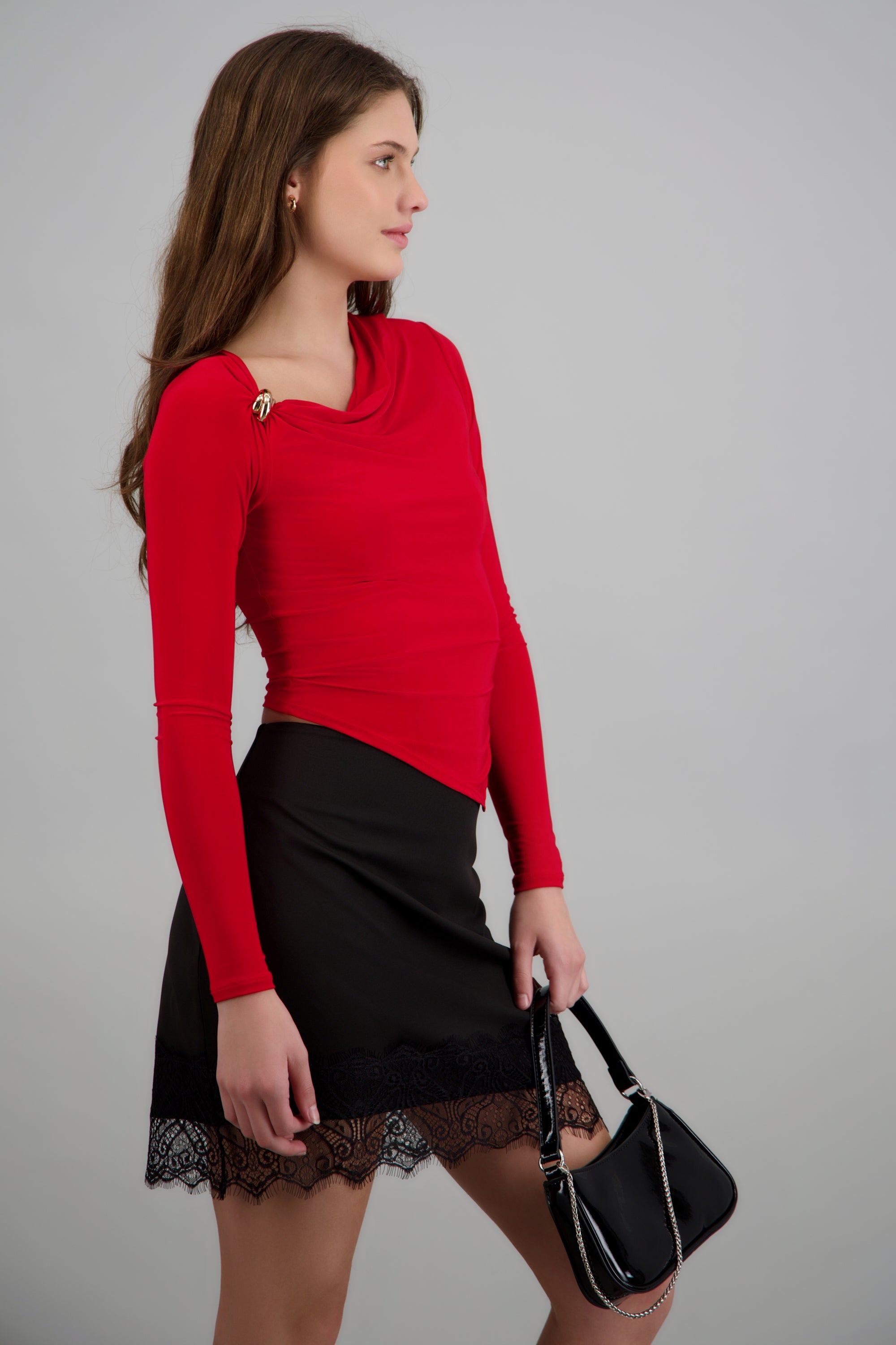 Top drapeado detalle argolla manga larga ROJO