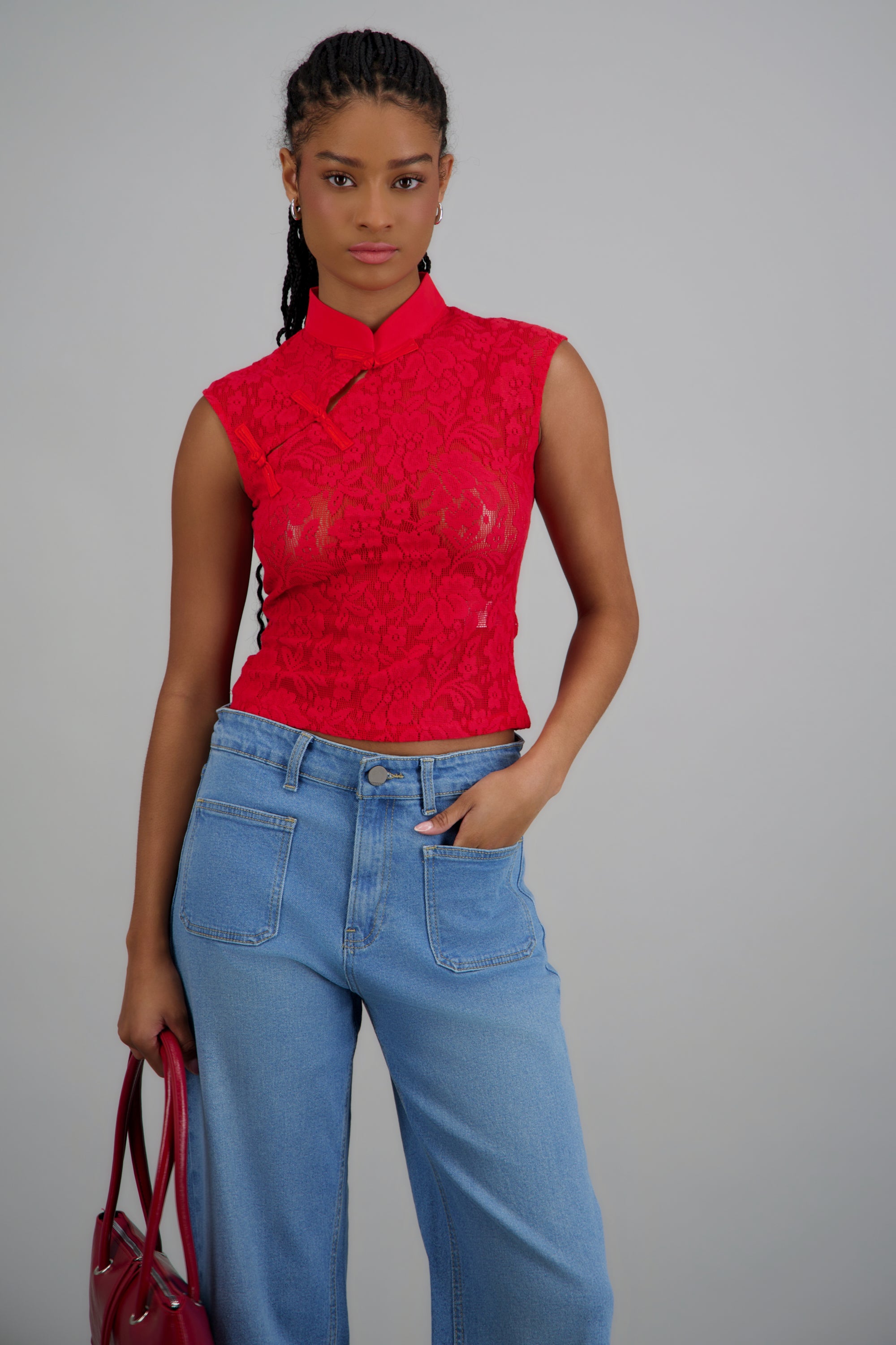 Top encaje botones laterales ROJO