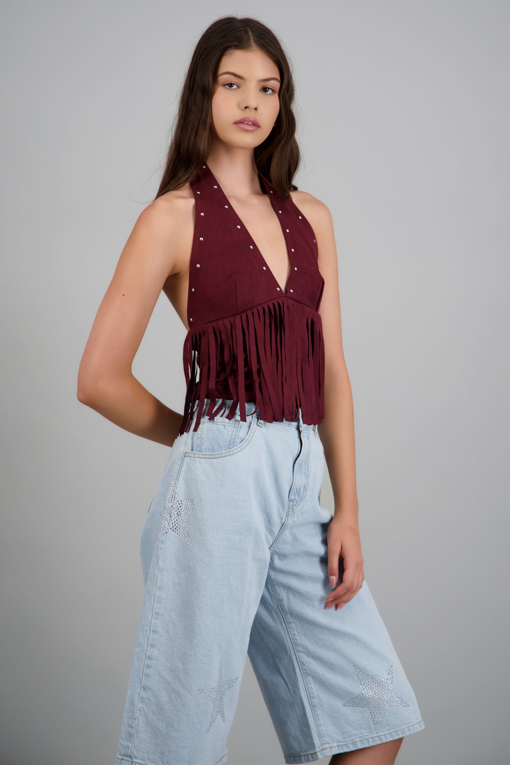 Top halter estoperoles con flecos CIRUELA