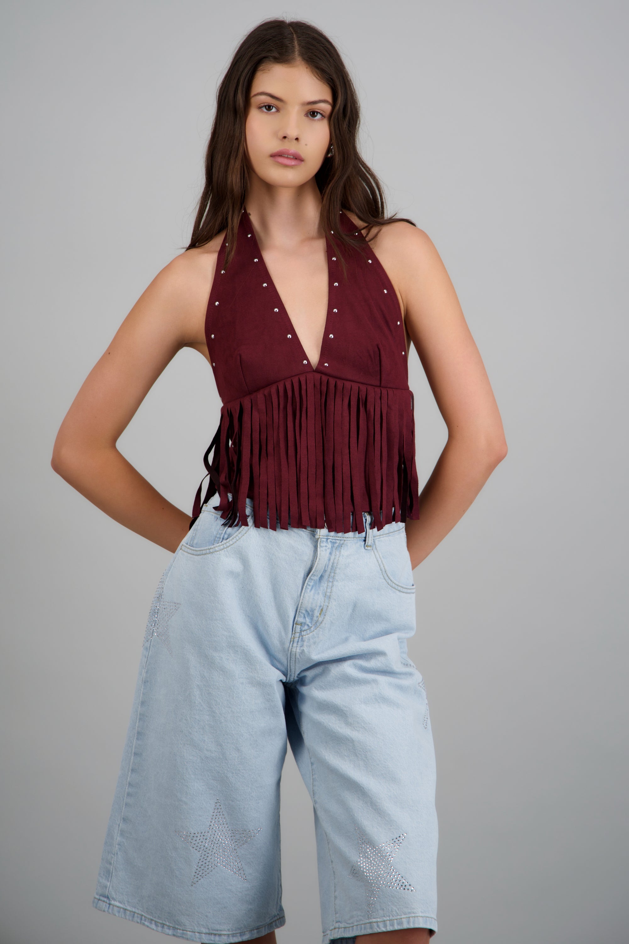 Top halter estoperoles con flecos CIRUELA
