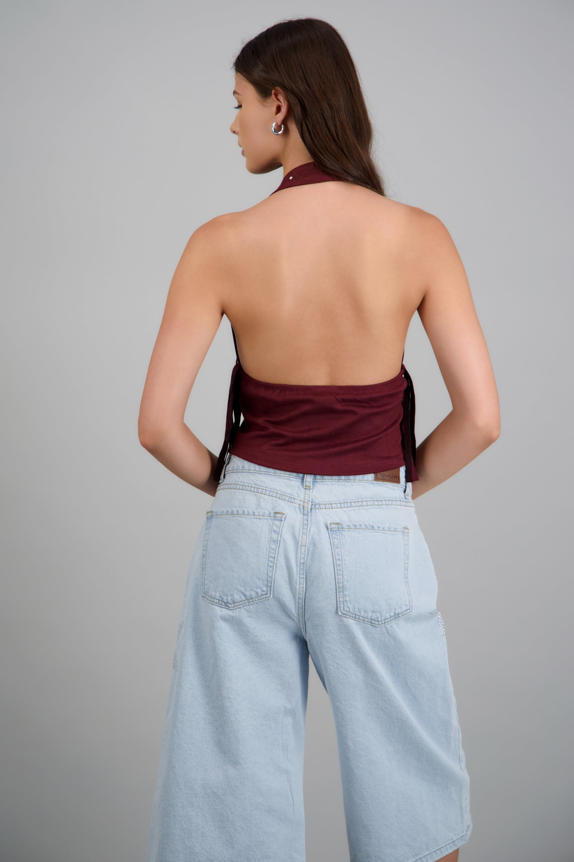 Top halter estoperoles con flecos CIRUELA