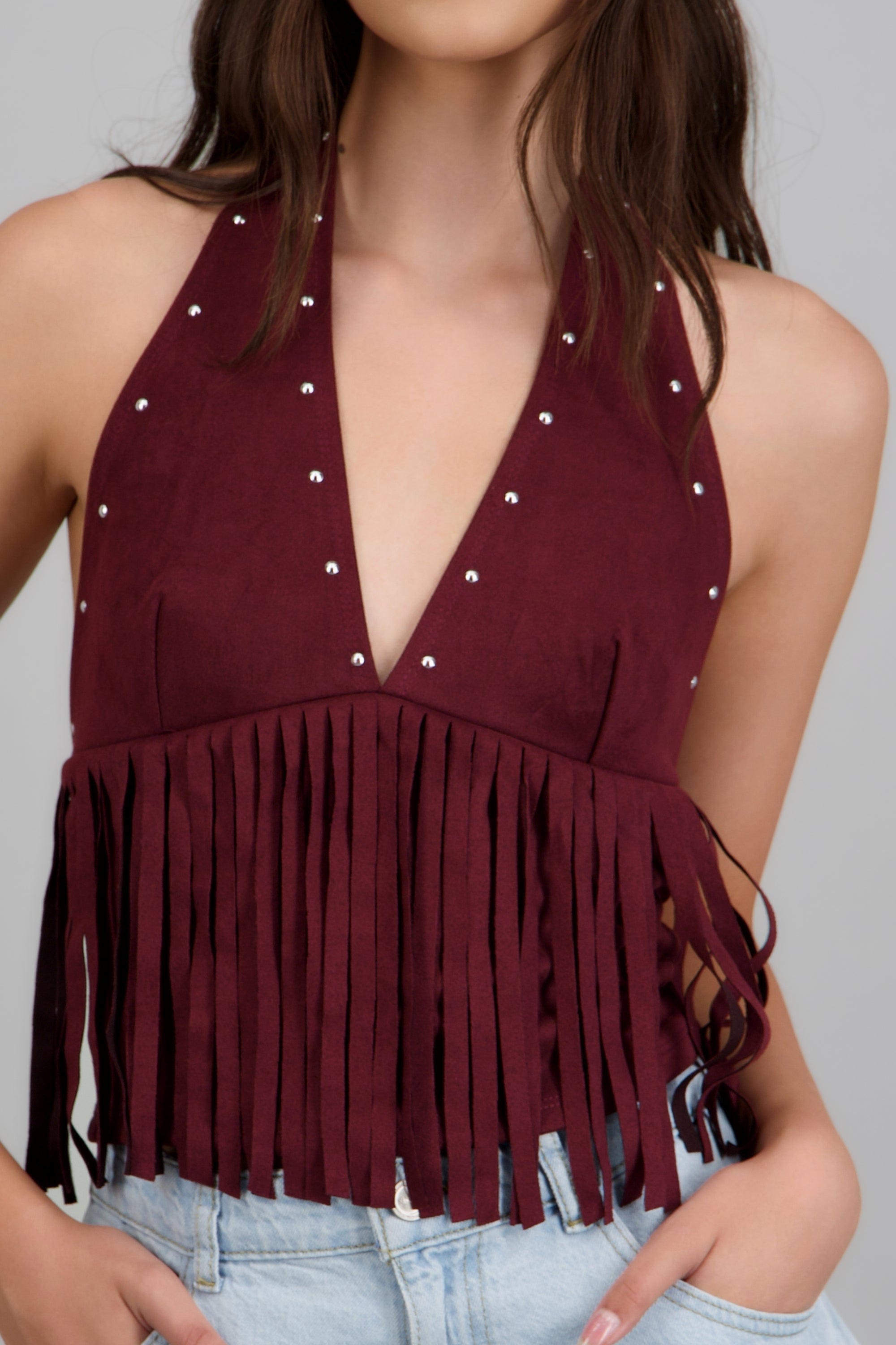 Top halter estoperoles con flecos CIRUELA