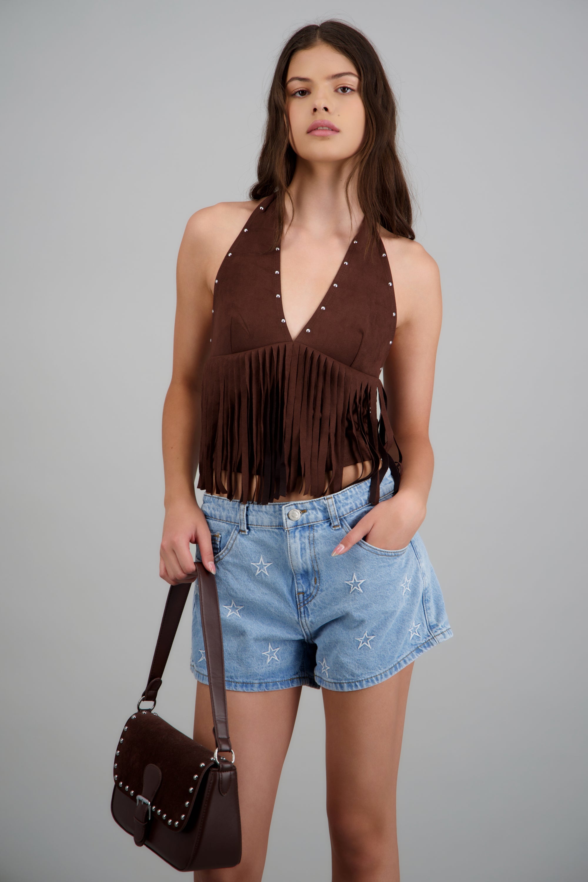 Top halter estoperoles con flecos CHOCOLATE