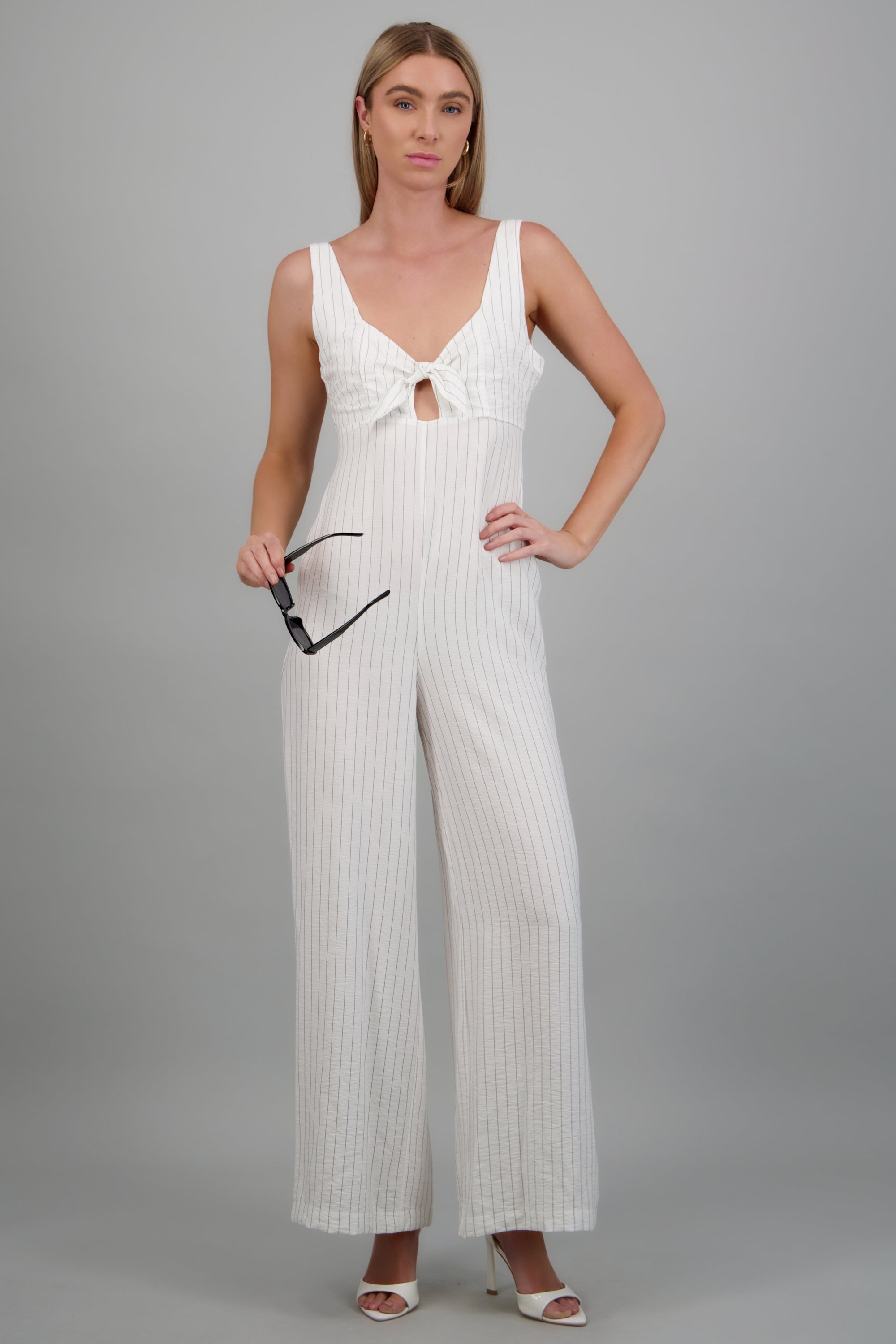 Jumpsuit tirantes rayas detalle moño BLANCO COMBO