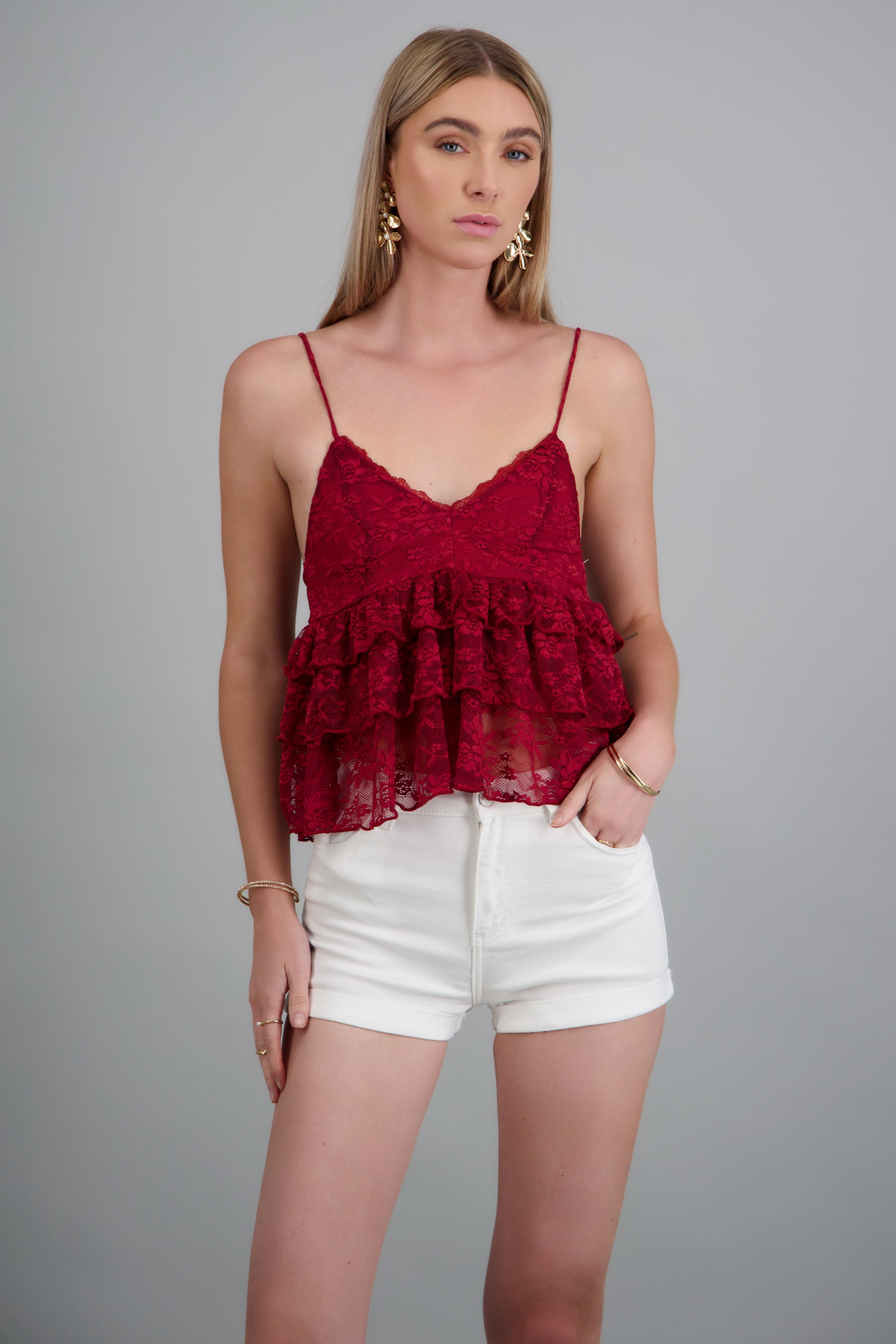 Blusa de tirantes con olanes encaje ROJO QUEMADO