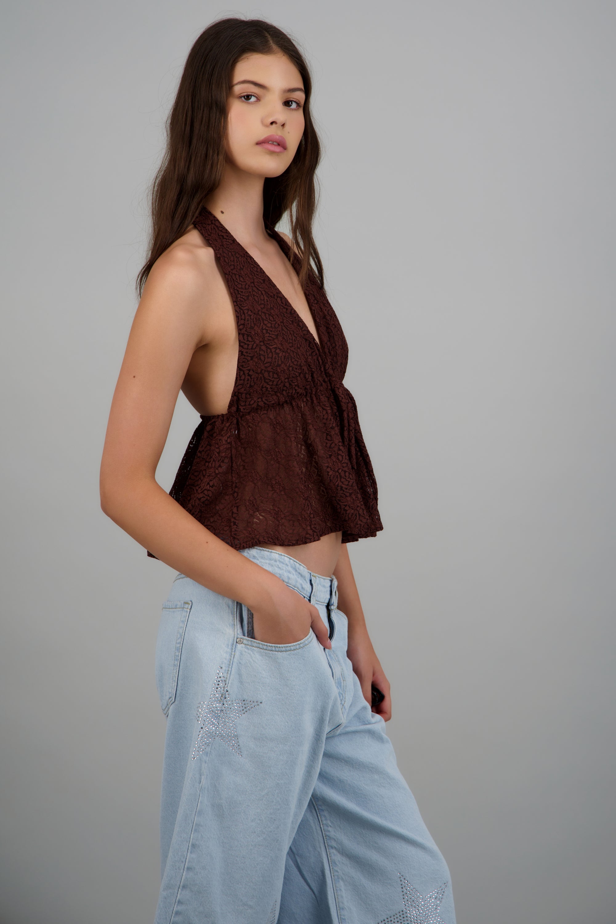 Blusa de encaje halter CHOCOLATE