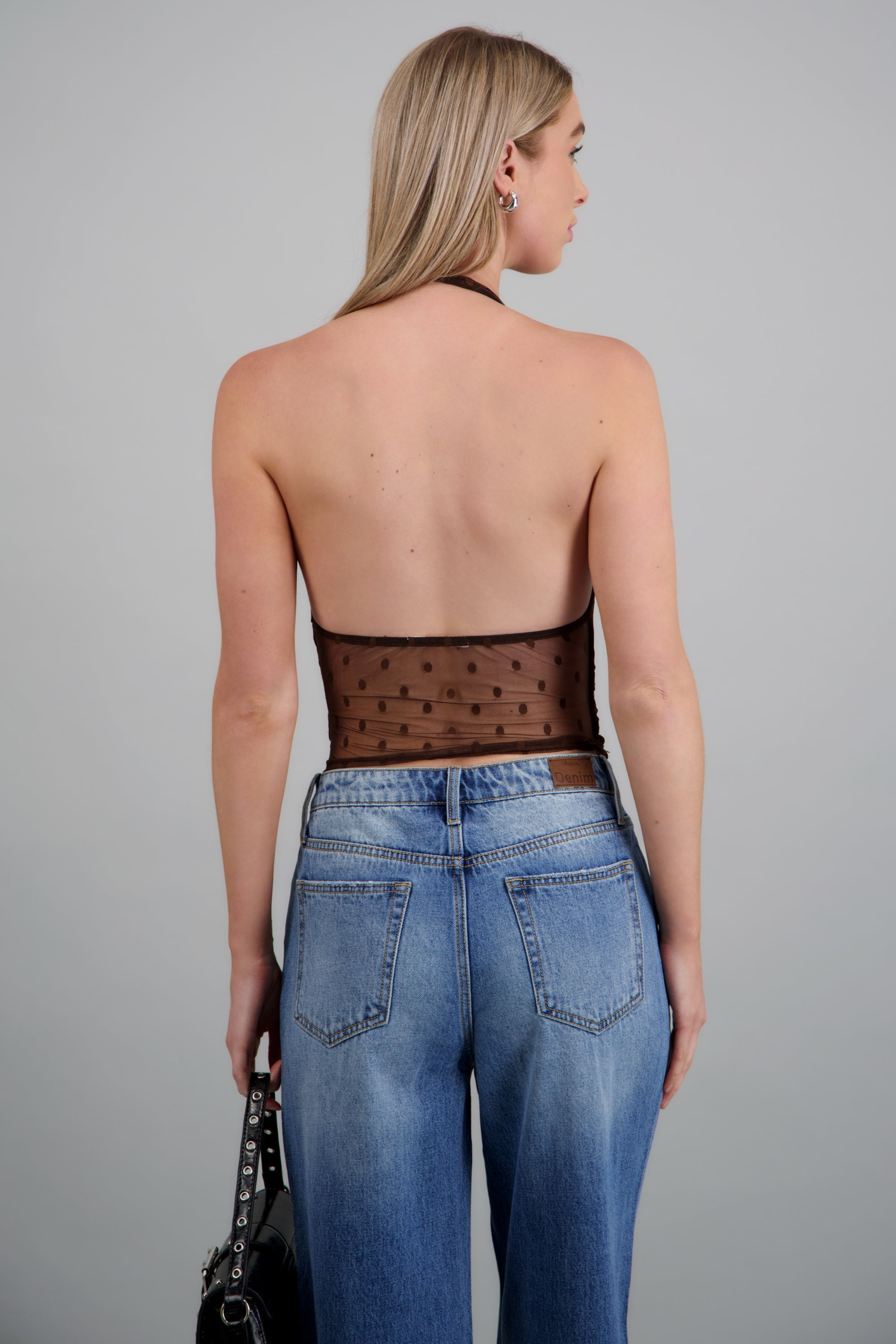 Top halter escote cascada mesh polka CHOCOLATE