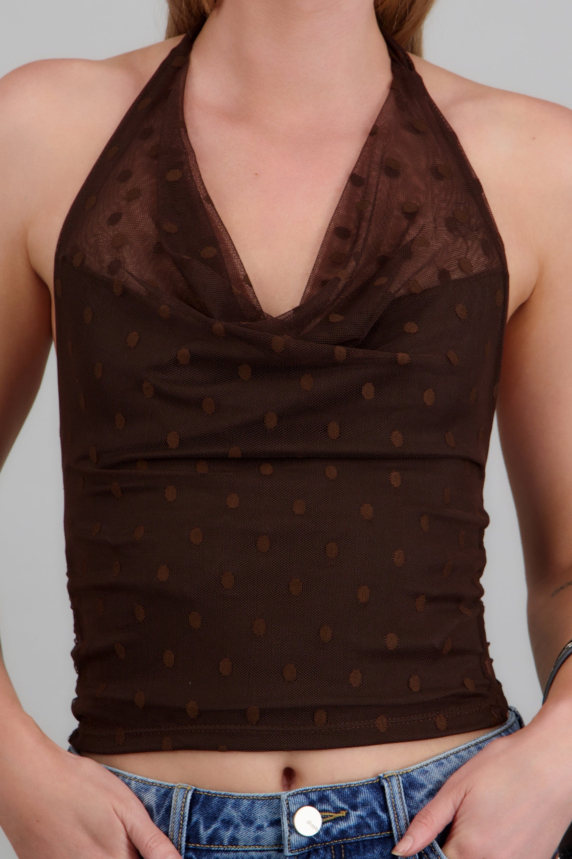 Top halter escote cascada mesh polka CHOCOLATE