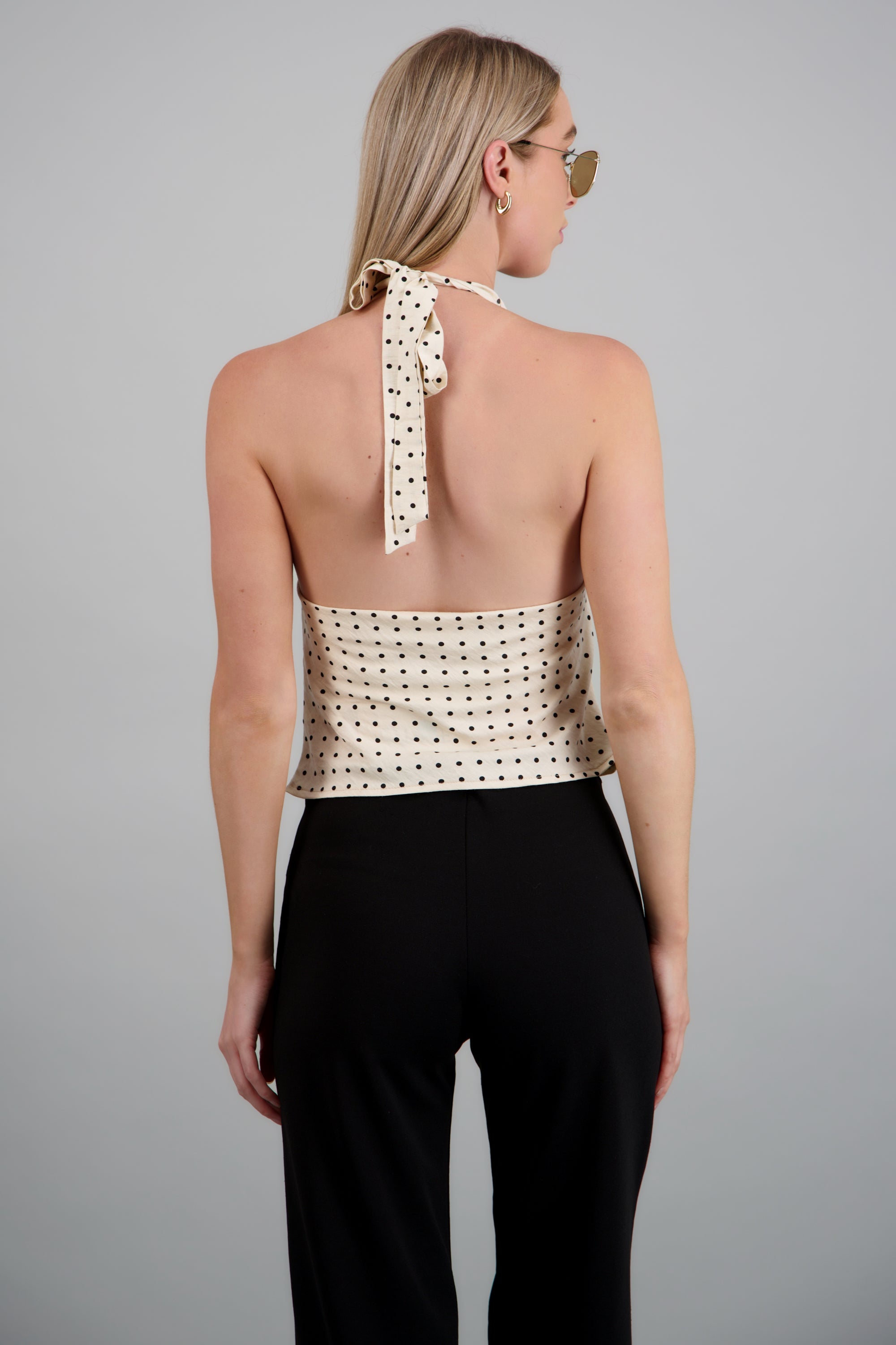 Top halter escote cascada polka HUESO COMBO