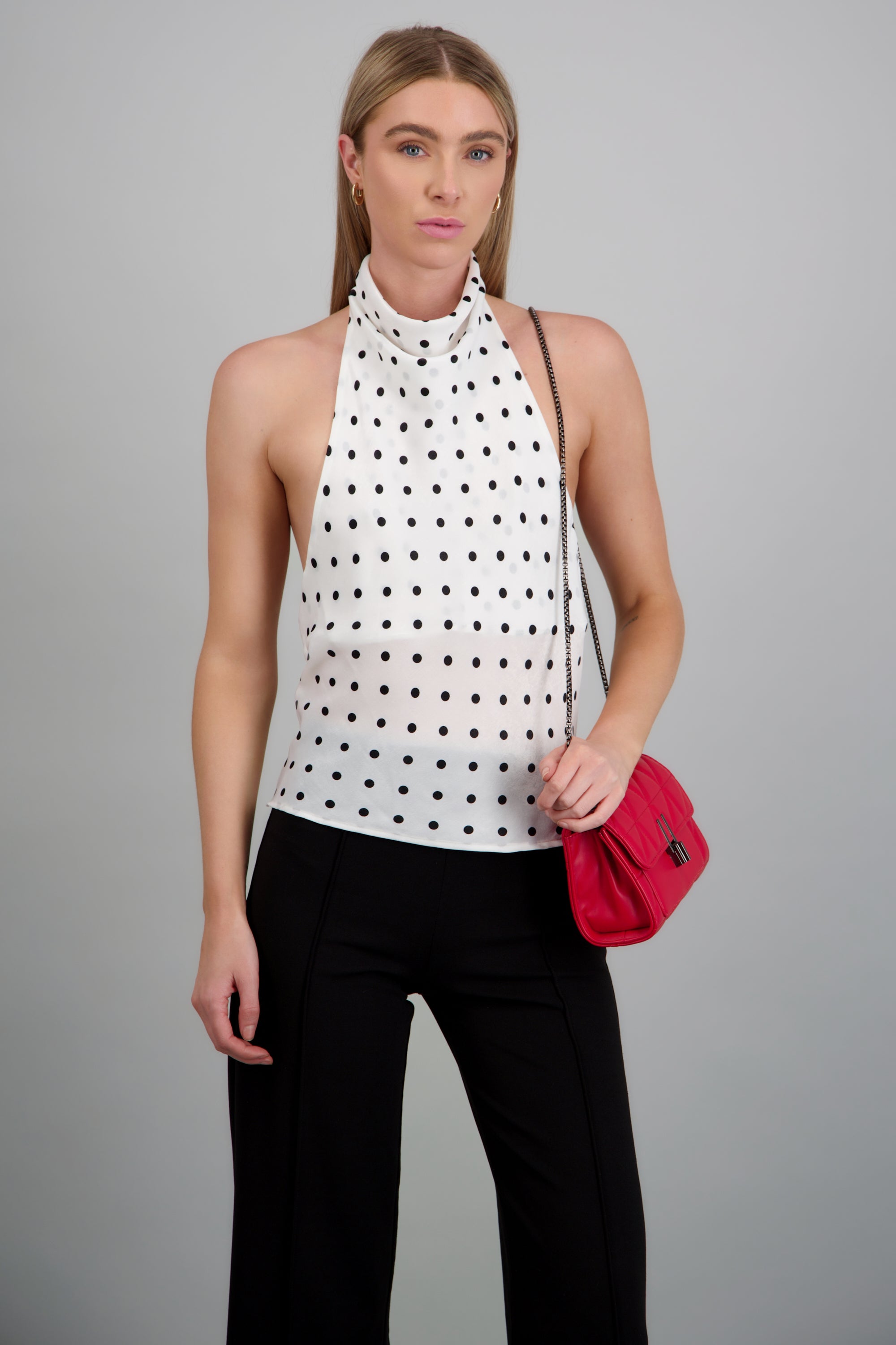 Blusa halter cuello cascada polka BLANCO COMBO