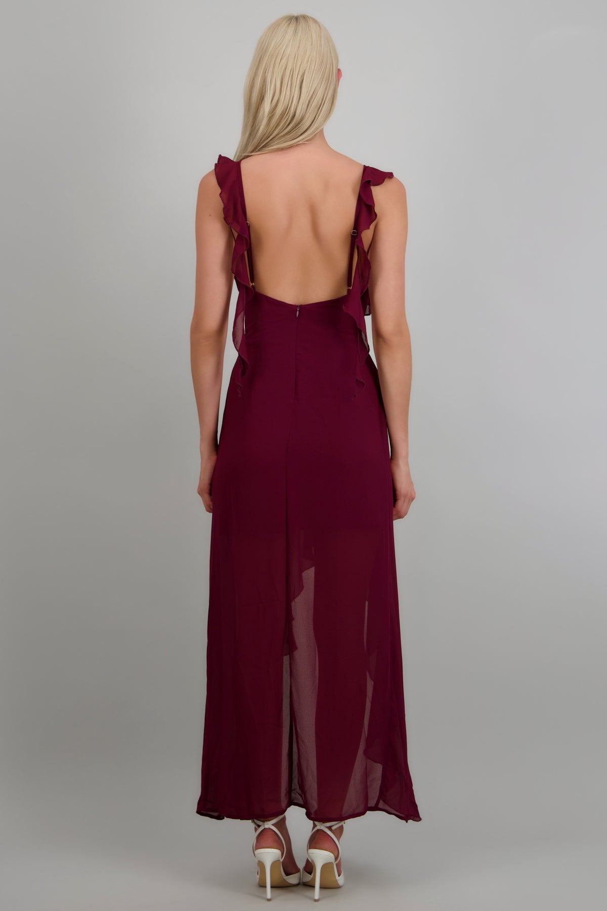 Vestido maxi asimétrico detalle olanes CIRUELA