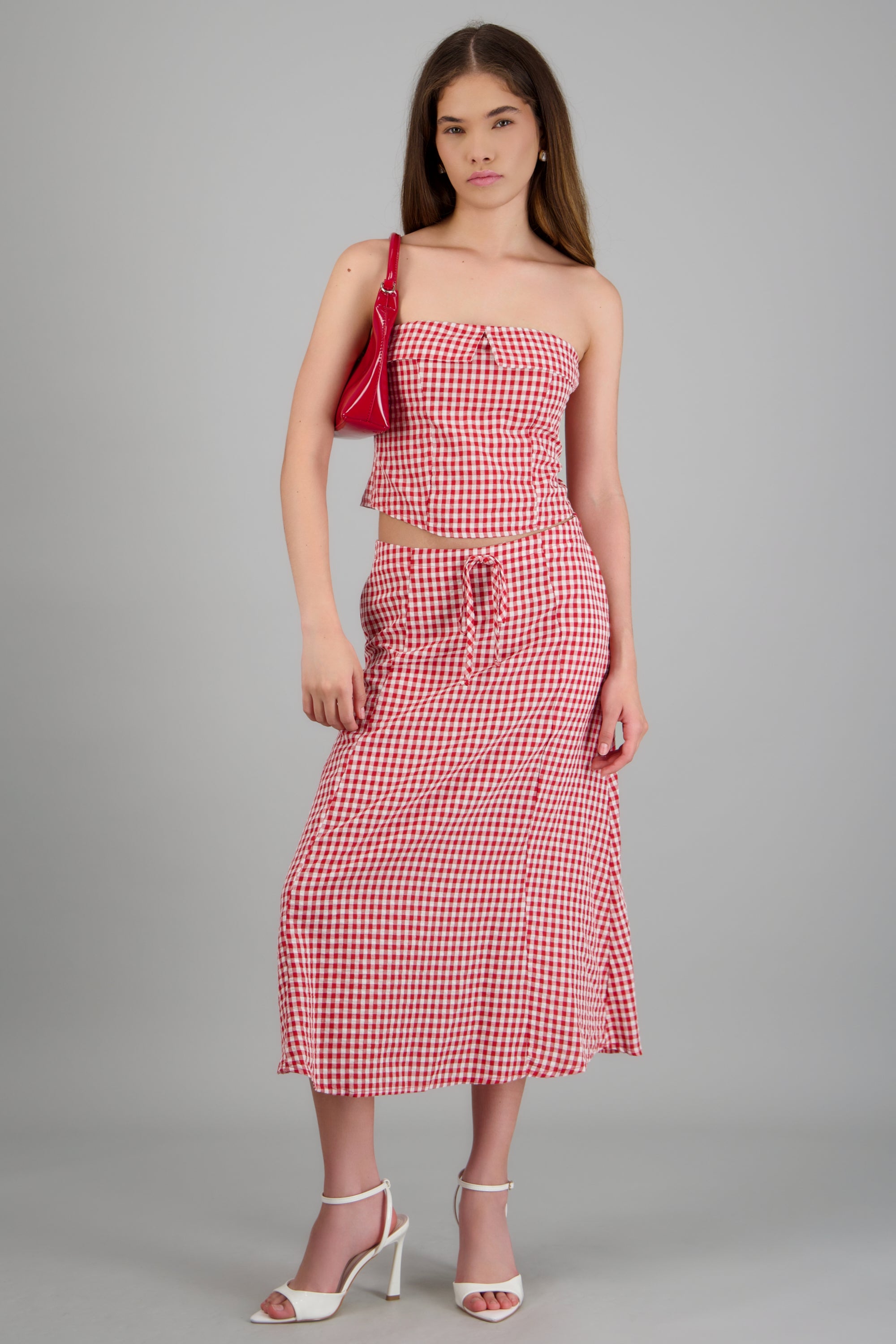 Falda midi jareta cuadros ROJO COMBO