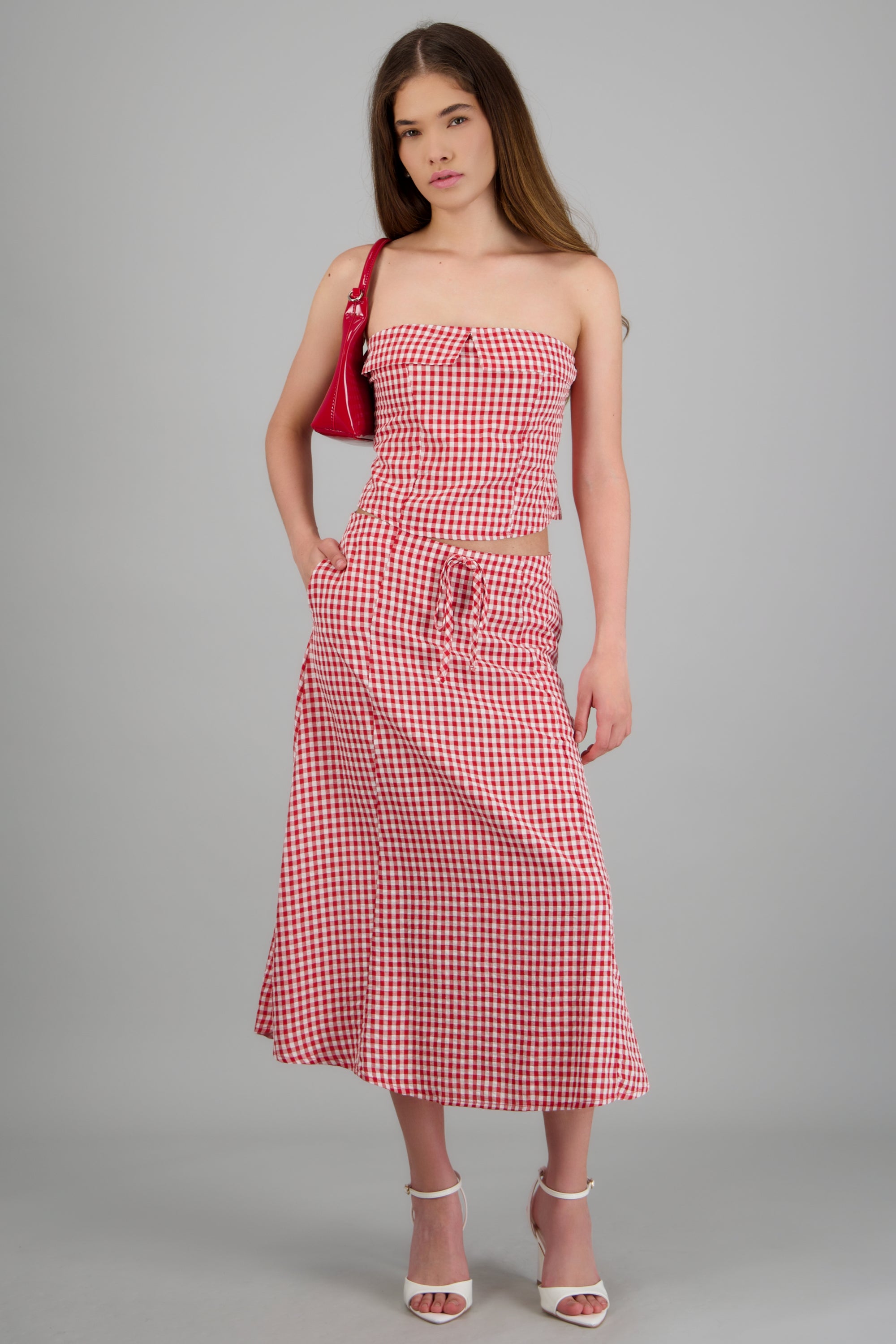 Falda midi jareta cuadros ROJO COMBO