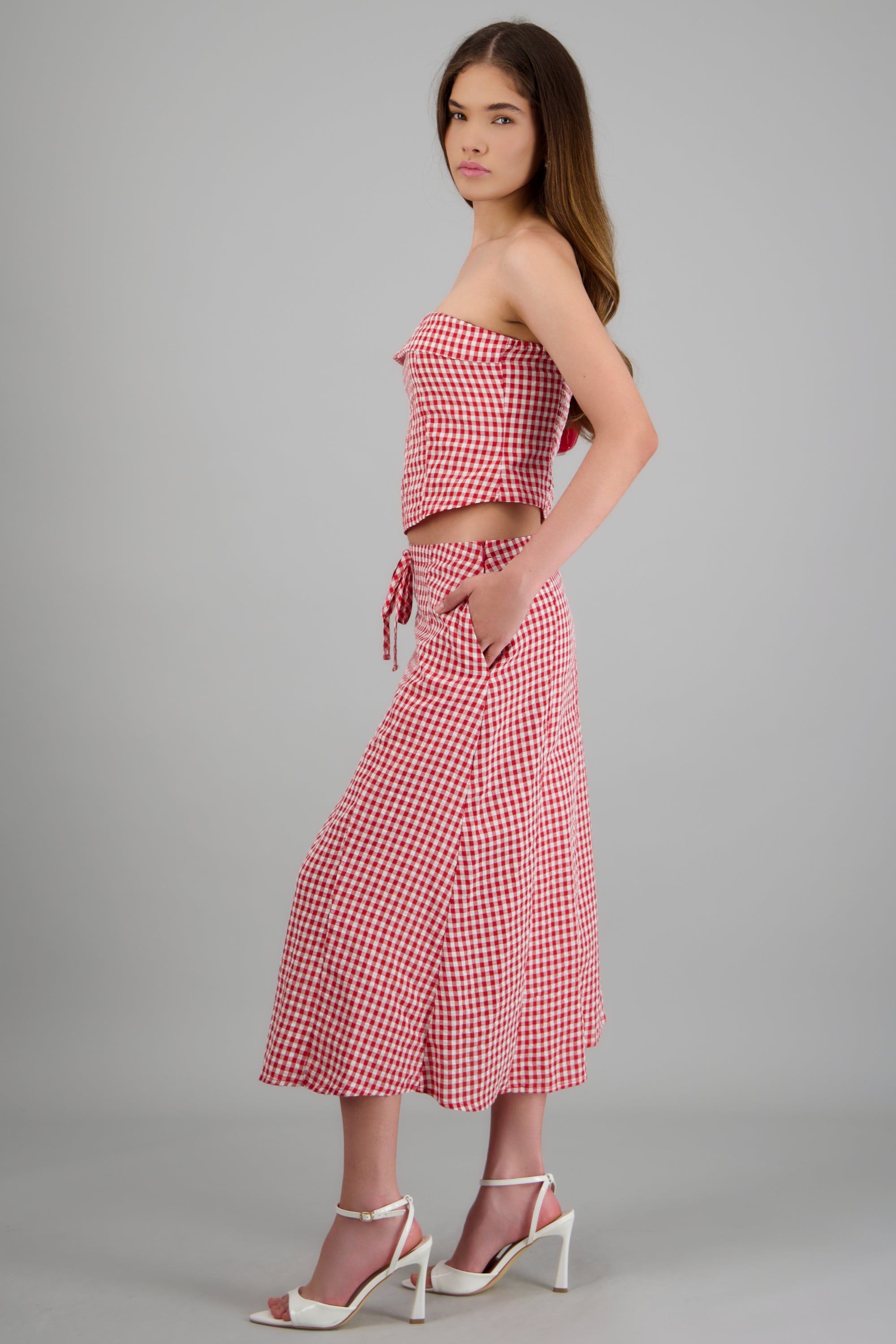 Falda midi jareta cuadros ROJO COMBO