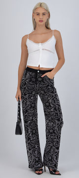 Jeans straight flores brillos