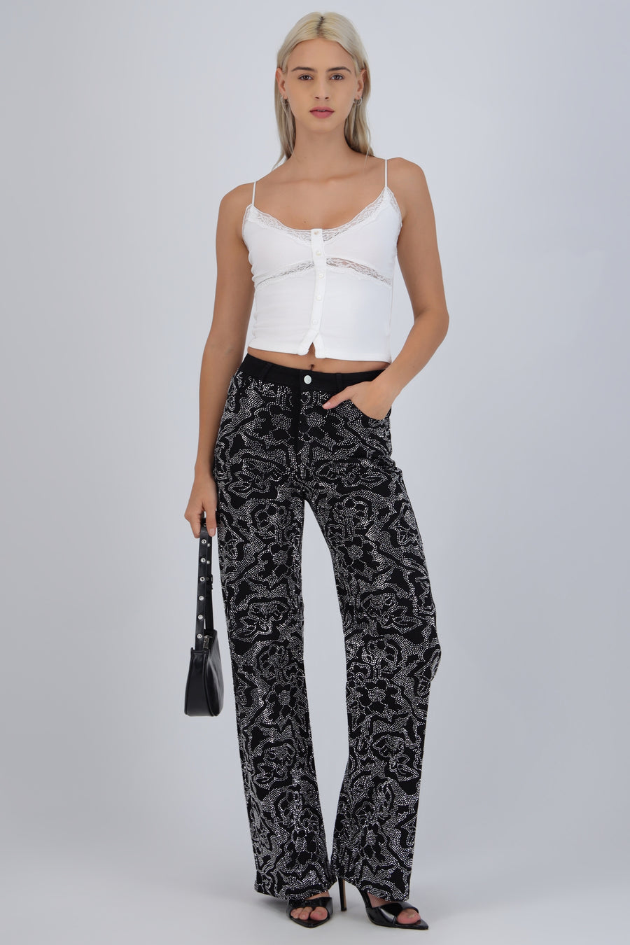 Jeans straight flores brillos